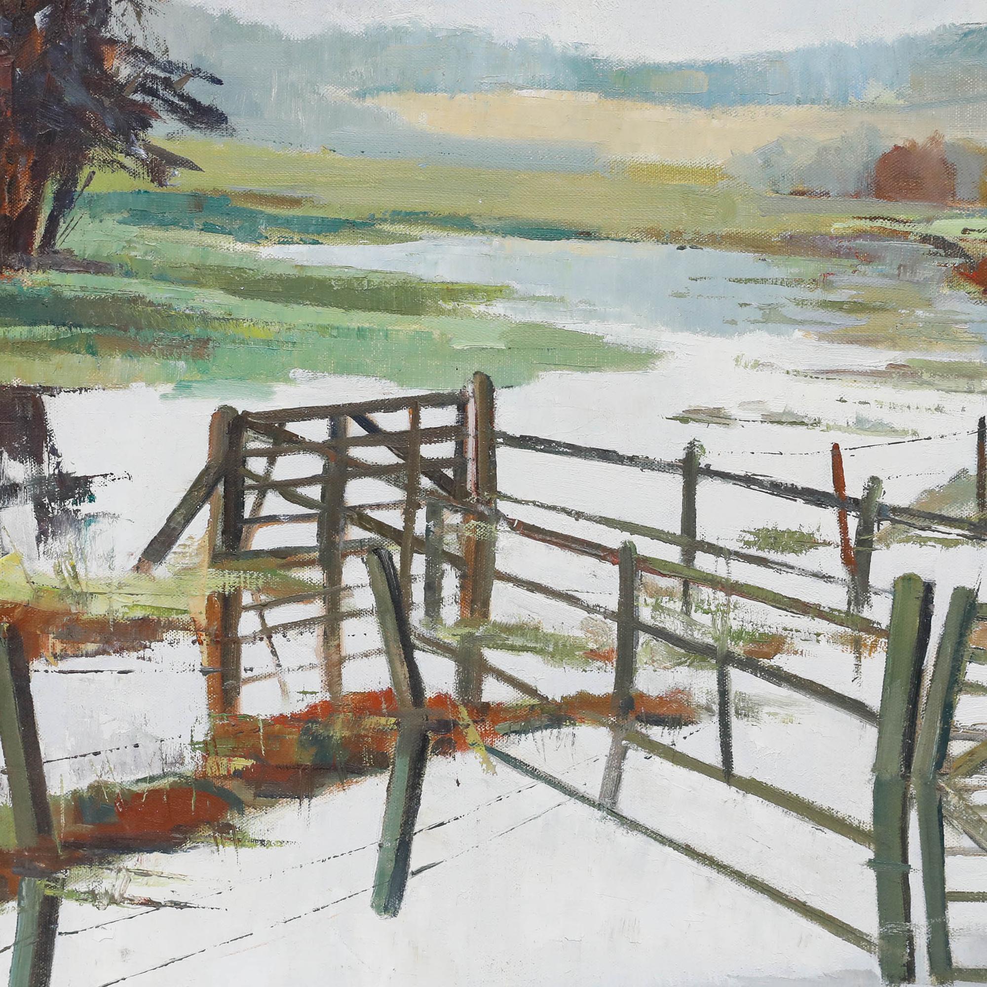 An original oil painting by William J. Dowsett, depicting a flooded footbridge and rural fields, after heavy rain. Signed by the artist to the lower right. On canvas. 