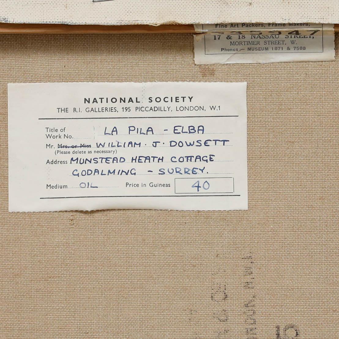 Un dipinto a olio originale di William J. Dowsett, che raffigura le coltivazioni estive nei pressi di La Pila, all'Elba. Firmato 'Dowsett' nell'angolo superiore sinistro e datato '65. Su tela. 