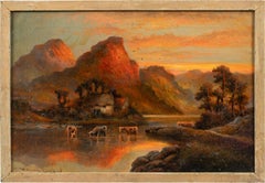 Antique William Langton(British painter) - 19th century landscape painting - Sunset Lake