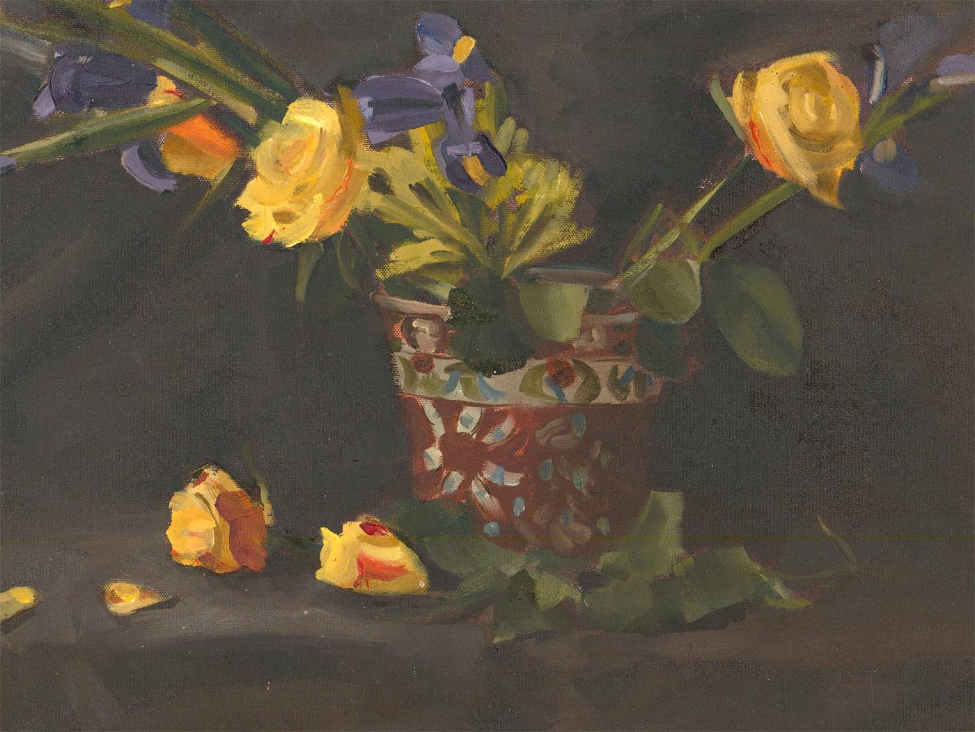 Unknown Still-Life Painting – William Savage - Zeitgenössisches Öl, Iris mit Rosen