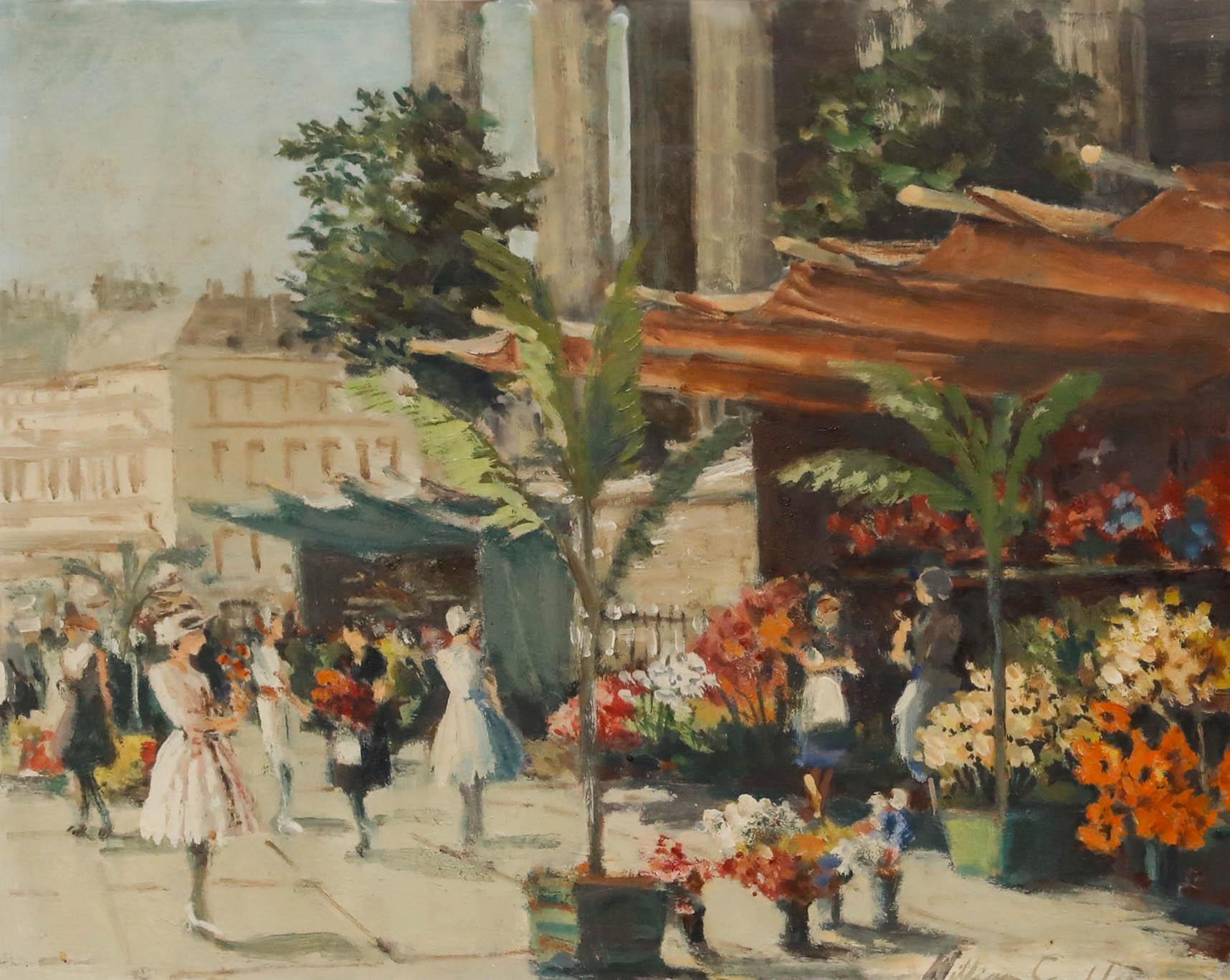 William Scudder - Huile encadrée du milieu du 20e siècle, Promenade des fleurs, Paris - Painting de Unknown