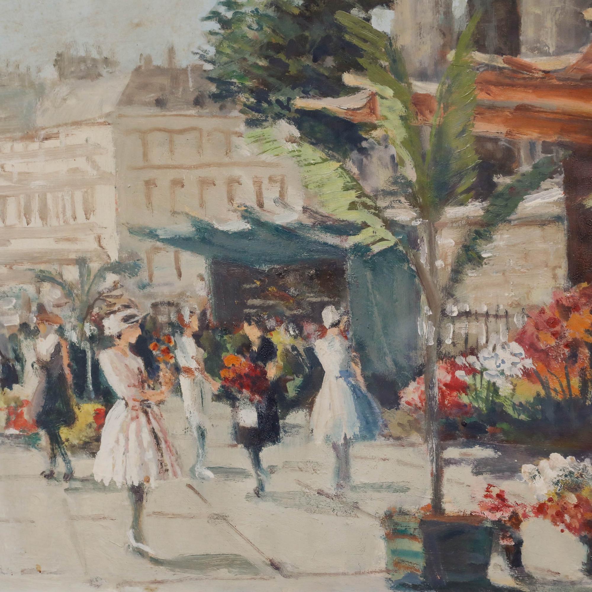 William Scudder - Huile encadrée du milieu du 20e siècle, Promenade des fleurs, Paris en vente 1