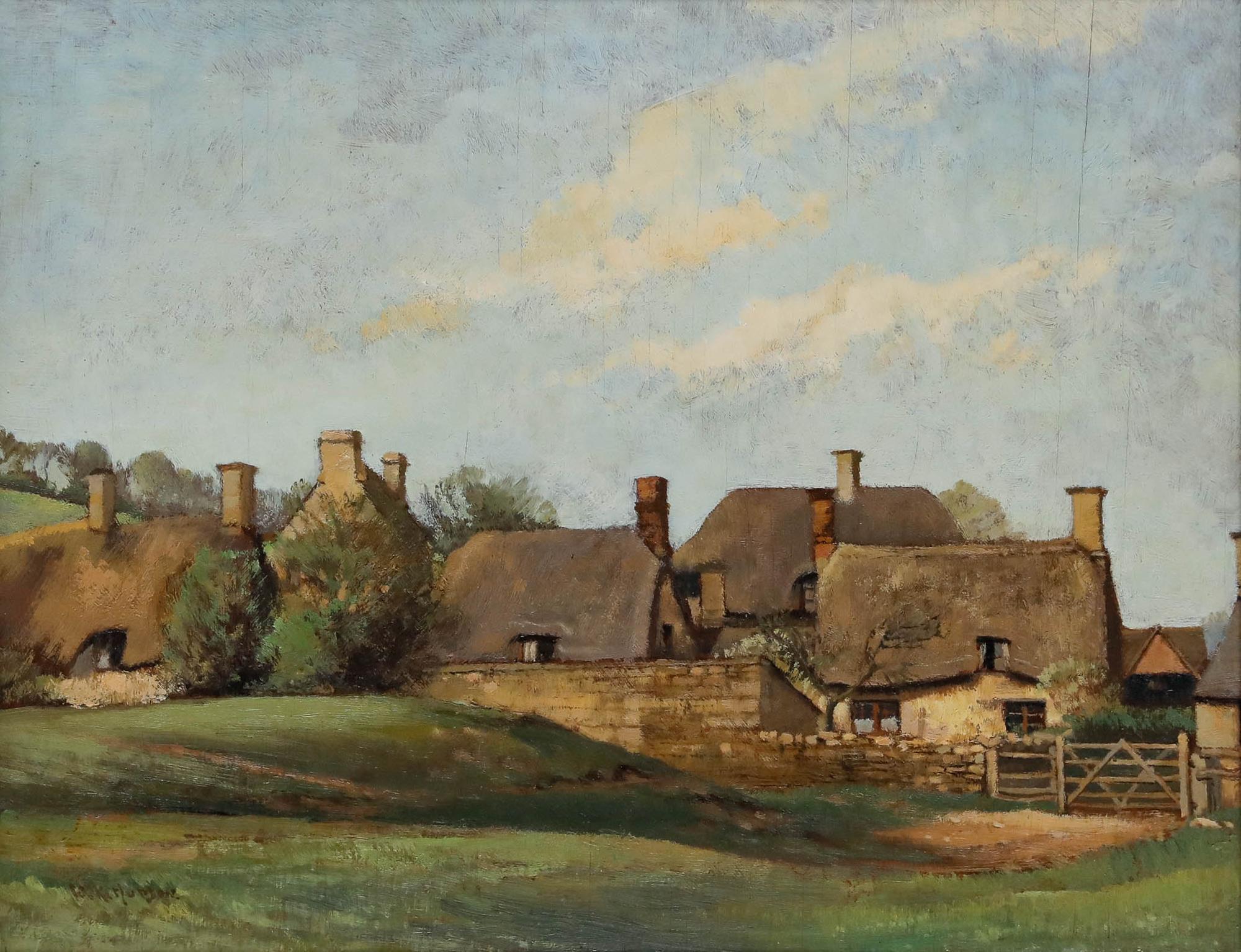 Willis K. Hudson - Gerahmtes Öl aus der Mitte des 20. Jahrhunderts, Strohgedeckte Cottages – Painting von Unknown