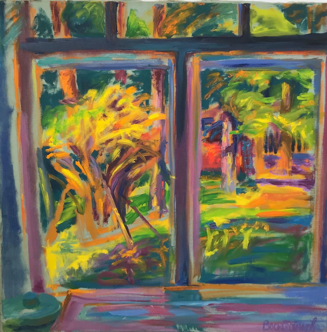 Unknown Abstract Painting - Window Bush Lit by Sun