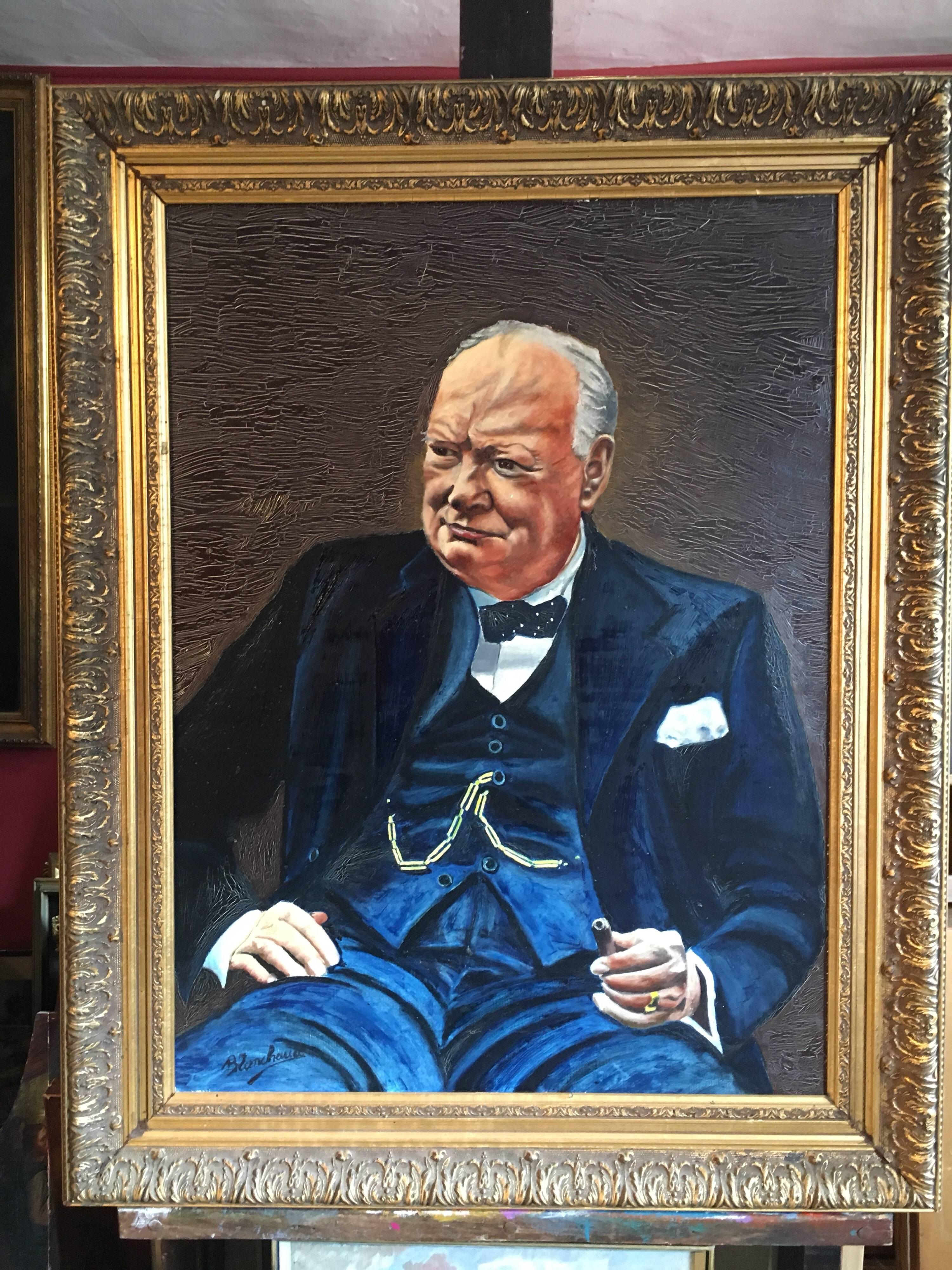 Großes Porträt-Ölgemälde von Winston Churchill – Painting von Unknown