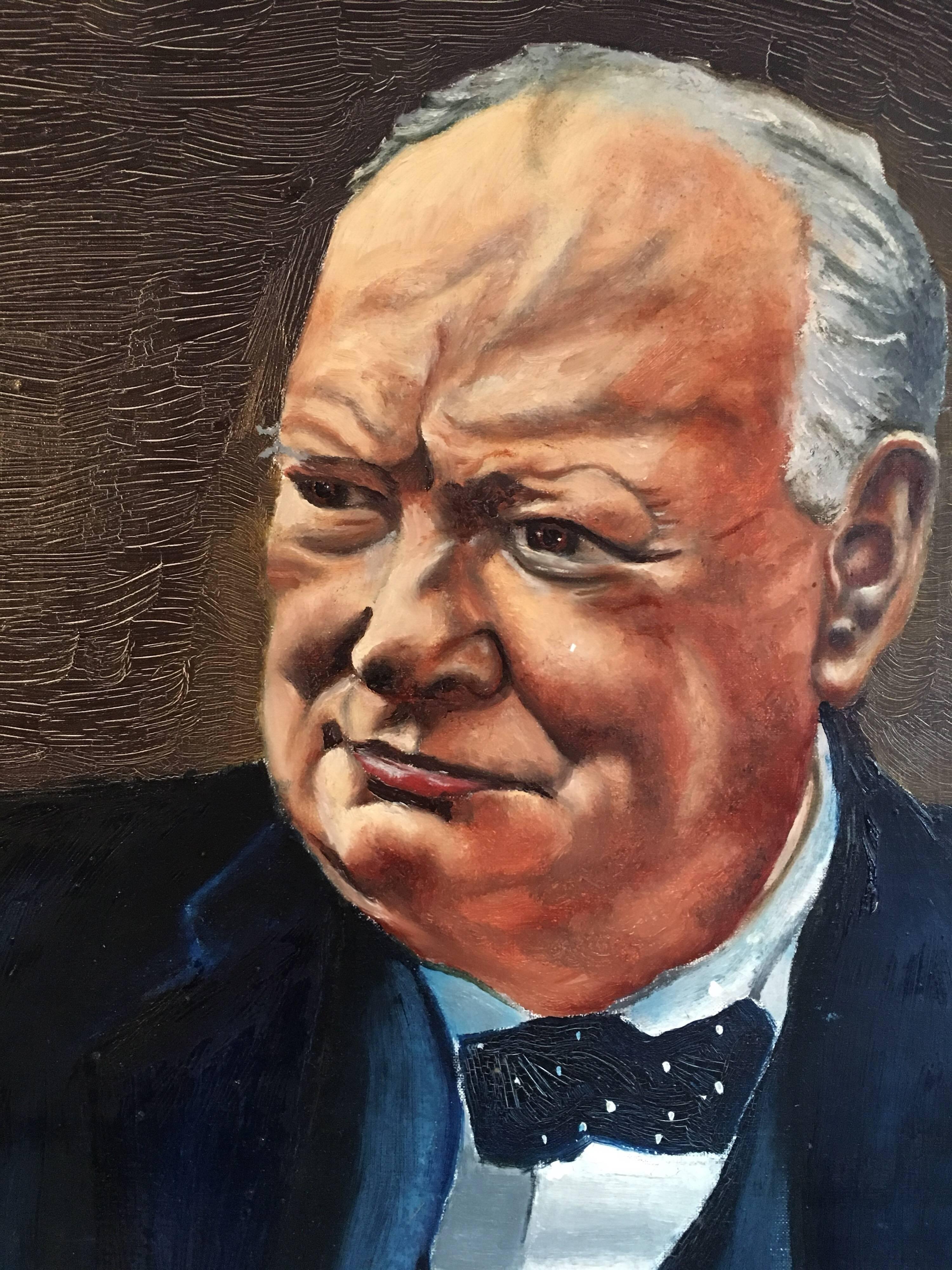 Großes Porträt-Ölgemälde von Winston Churchill (Schwarz), Portrait Painting, von Unknown