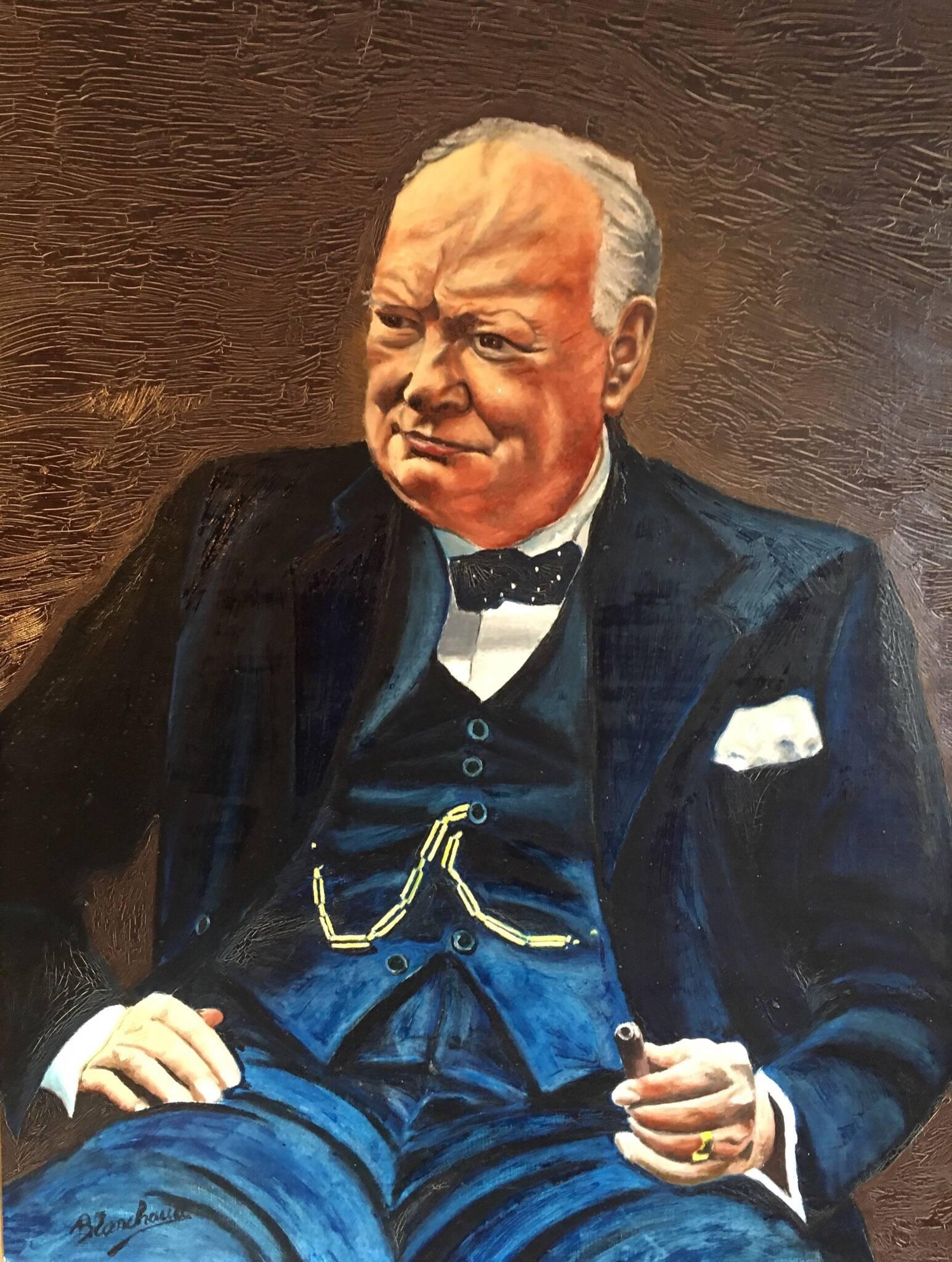 Unknown Portrait Painting – Großes Porträt-Ölgemälde von Winston Churchill