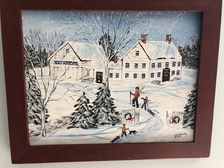 Unknown - Winter Folk Art Oil Painting at 1stDibs