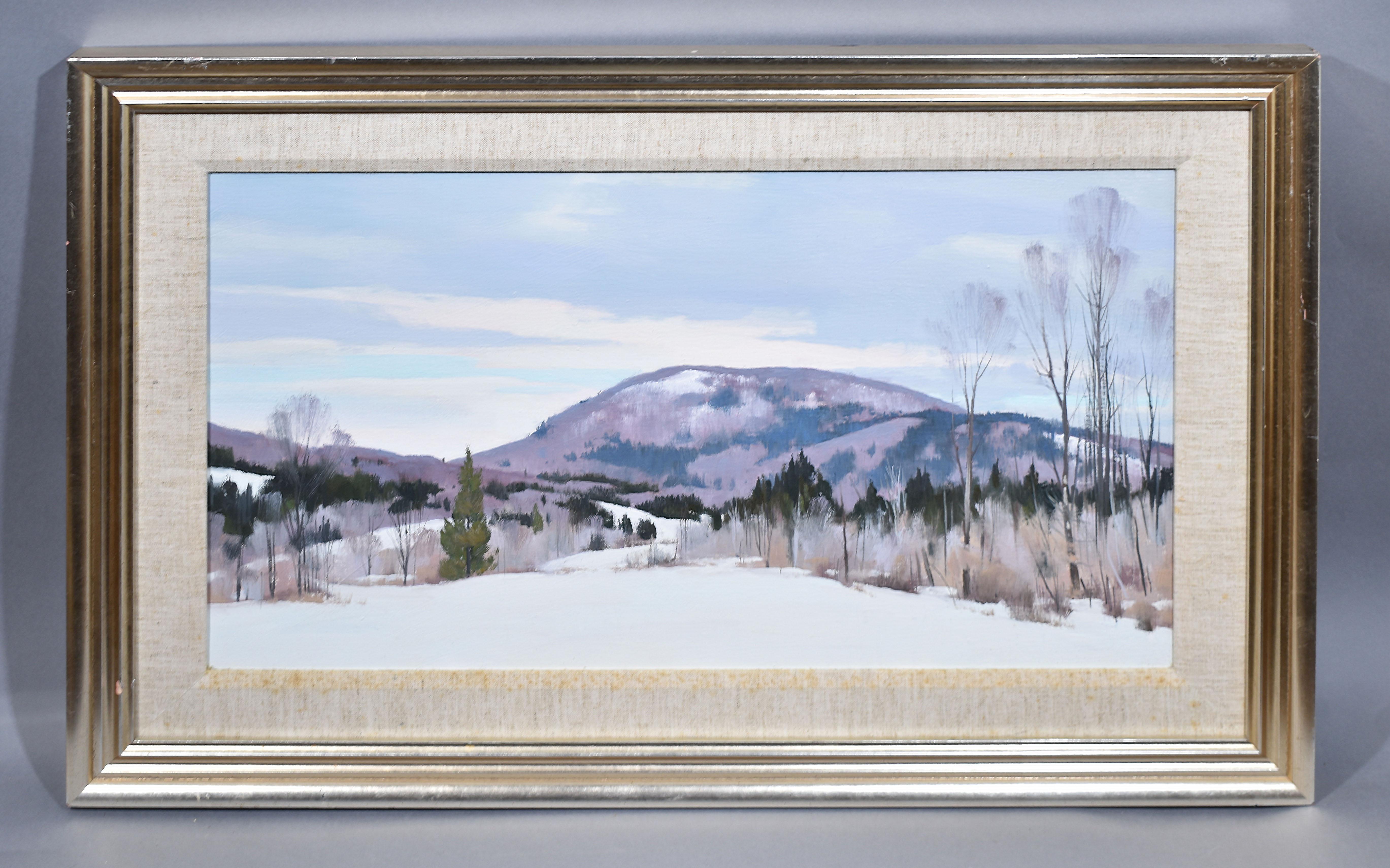 Winter Impressionist Snow Covered Mount Wachusett  Landscape Oil Painting - Gray Landscape Painting by Unknown