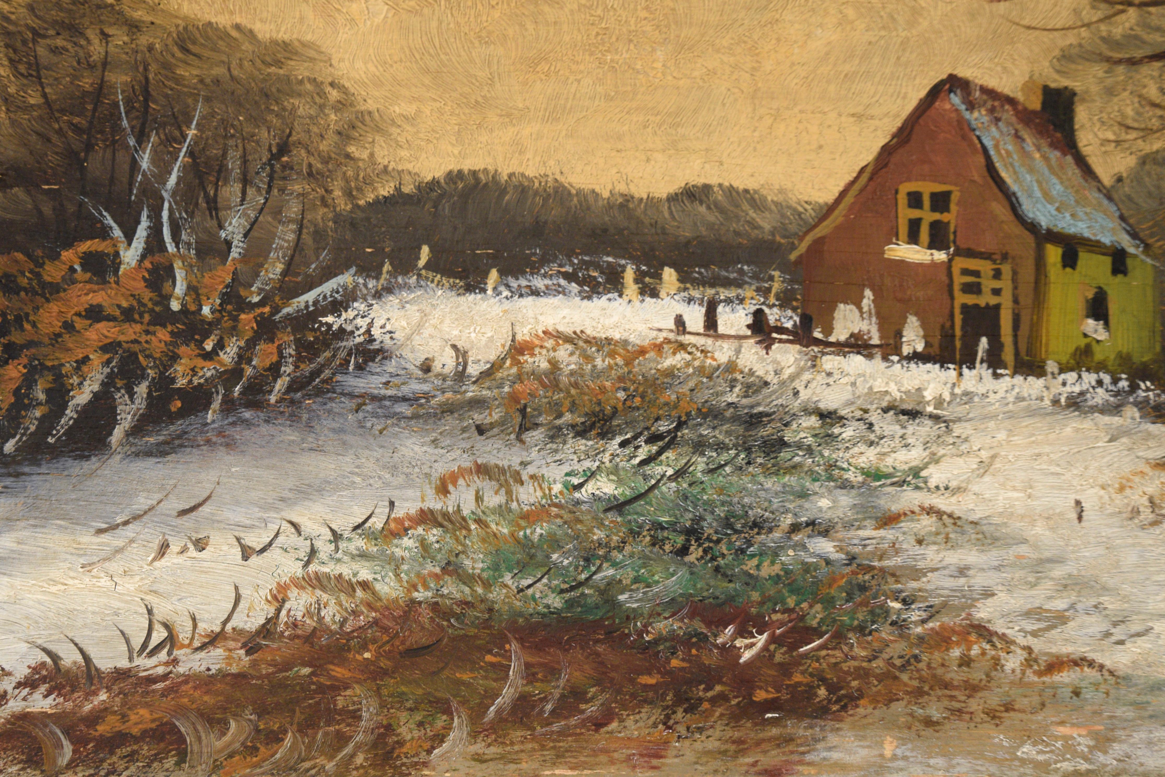 Paysage d'hiver serein réalisé par un artiste inconnu. Une couche de neige fraîchement tombée recouvre le paysage. Deux grands arbres sont au premier plan de la composition, avec une petite ferme derrière eux. Le ciel est rendu dans des tons de gris