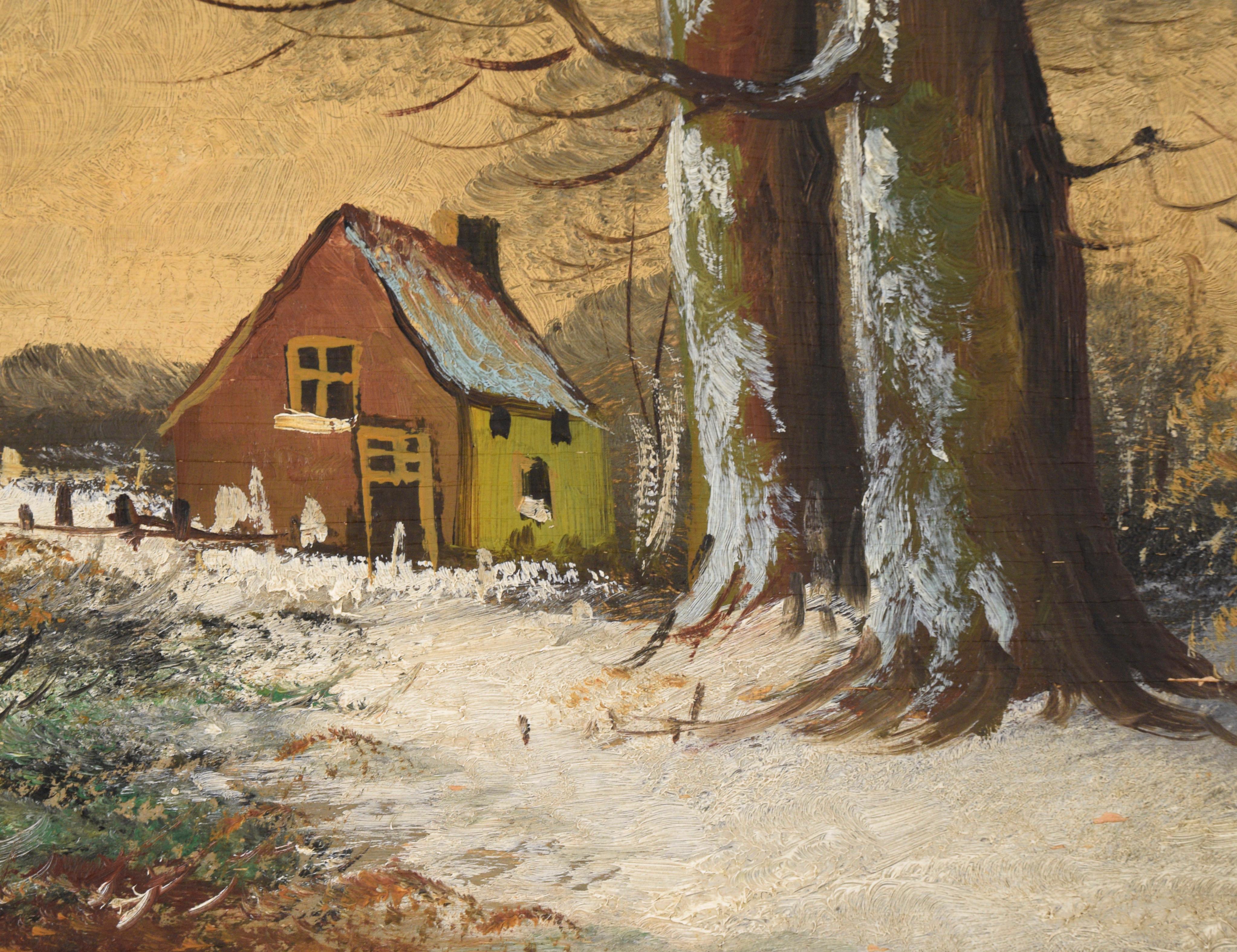 Serene winter landscape by an unknown artist. A dusting of freshly fallen snow covers the landscape. Two large trees are in the forefront of the composition, with a small farmhouse behind them. The sky is rendered in shades of grey and beige,