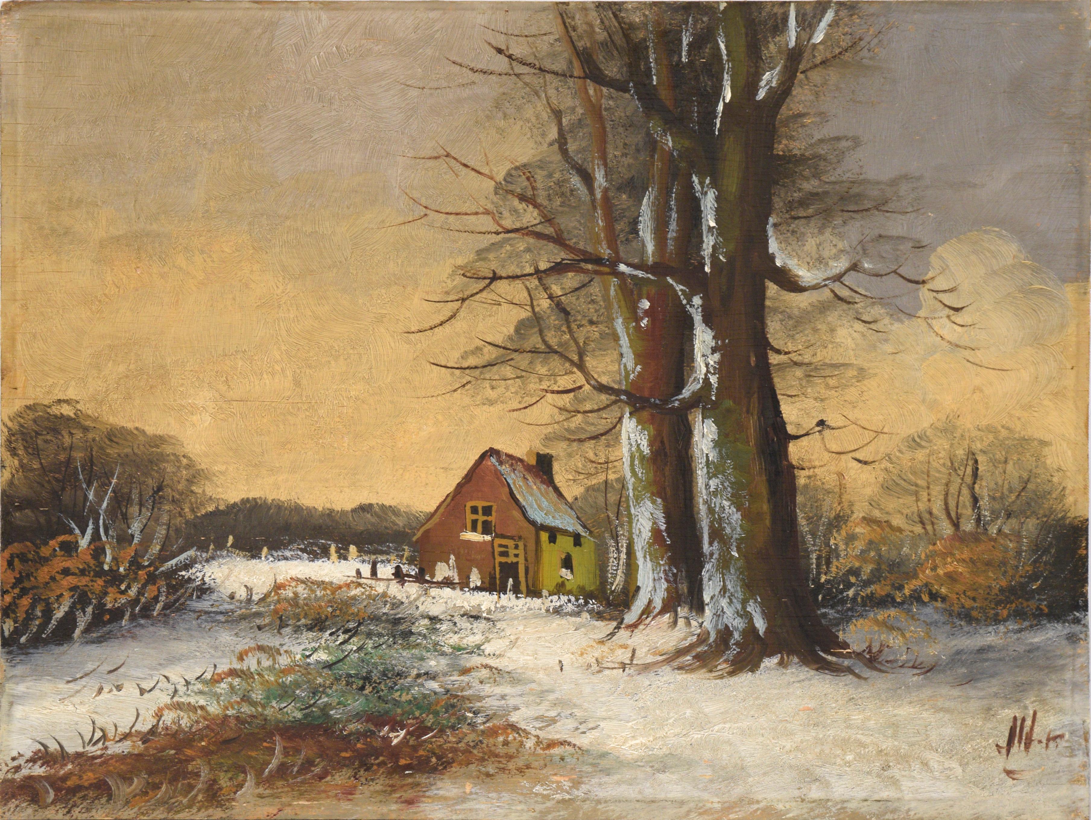 Landscape Painting Unknown - L'hiver à la ferme - Paysage en plein air