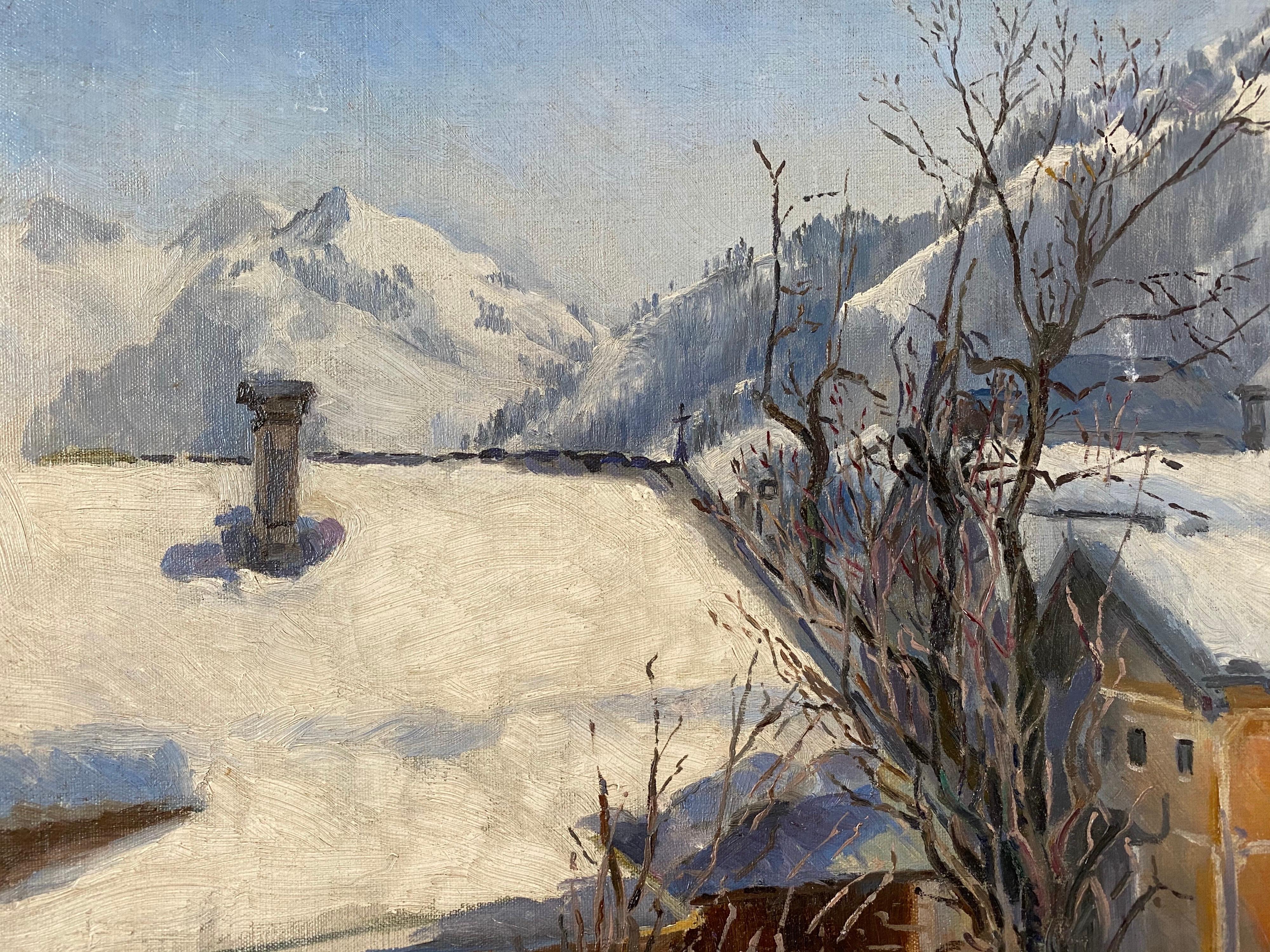 Winterszene Tirol Kitzbuhel, impressionistische Landschaft, signiertes Ölgemälde – Painting von Unknown