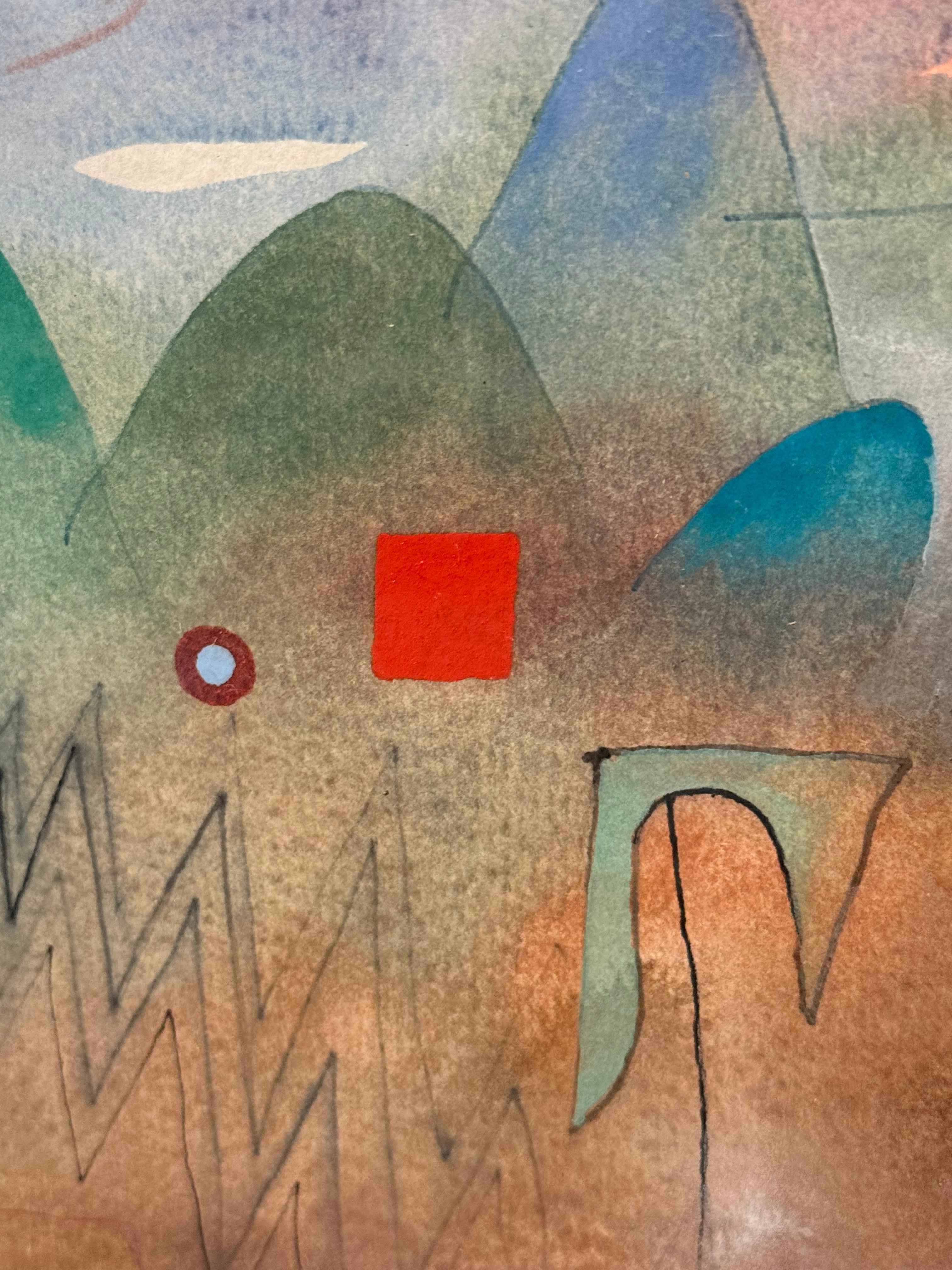 This watercolor presents a dreamlike composition where transparent washes of deep blue, green, and earth tones converge into a shifting landscape. At the center, a large circular motif—rendered in pure white against a blue sky—resembles an eye,