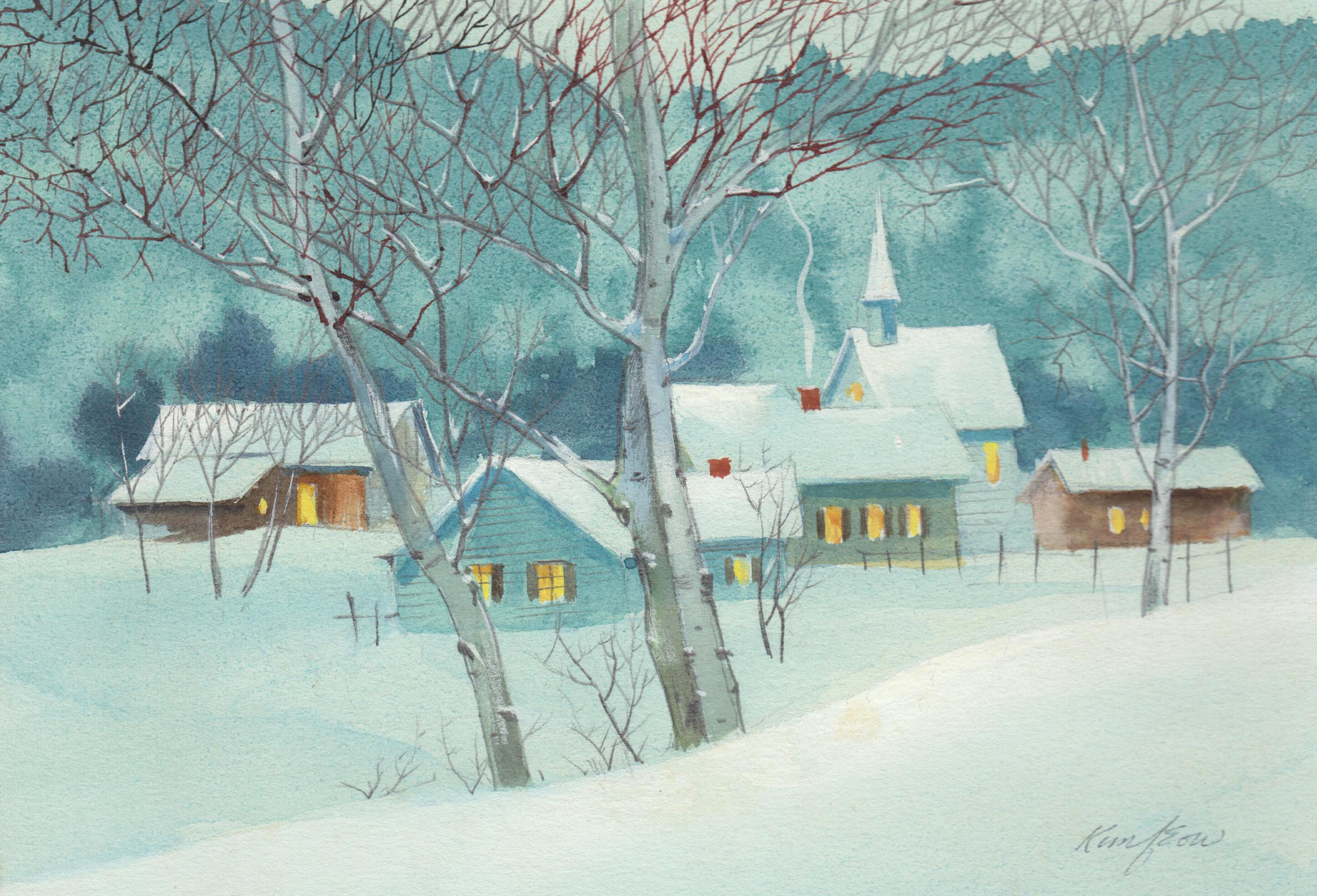 Unknown Landscape Painting - Winter Wonderland Watercolor