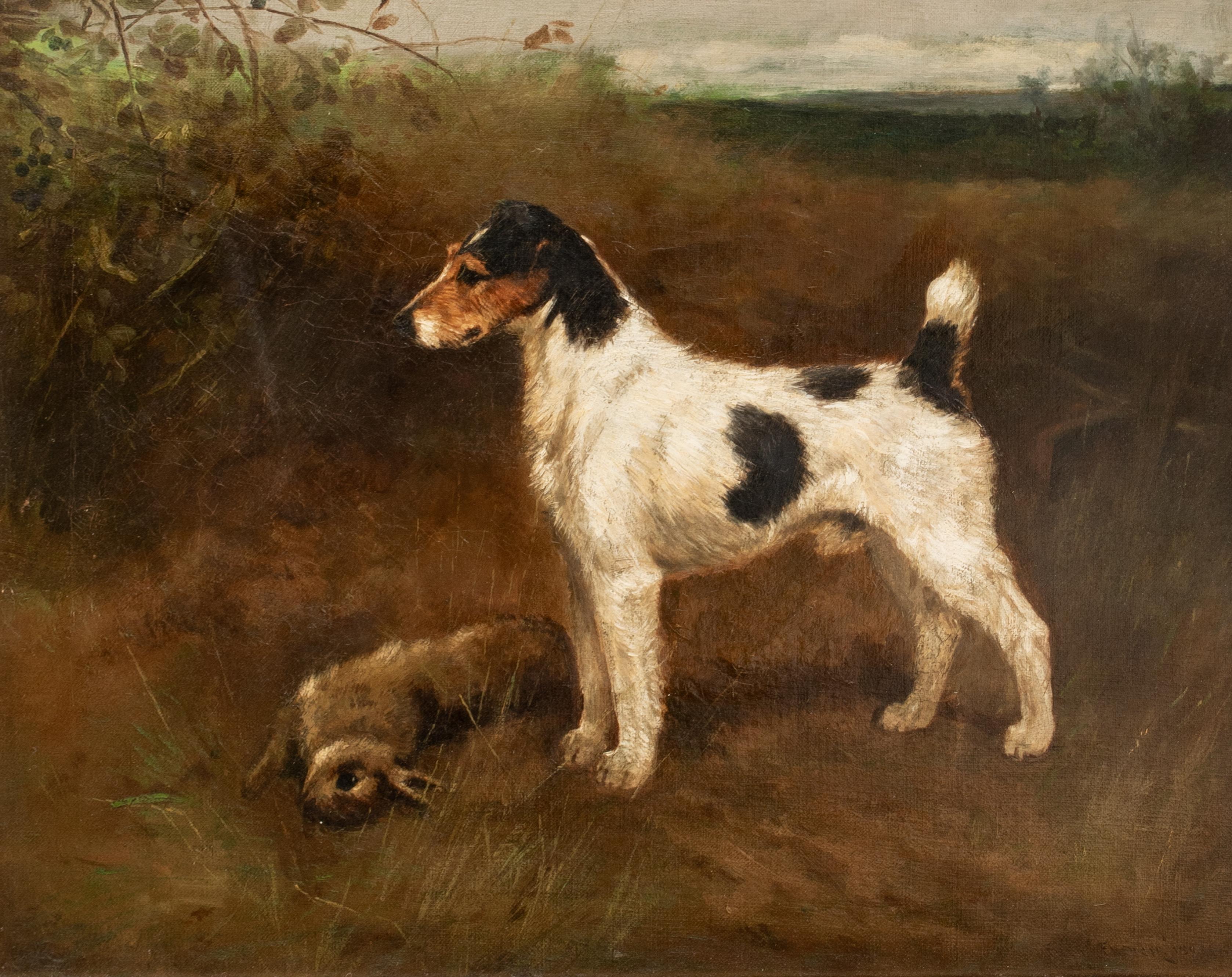 Wire Fox Terrier, 19th Century 

by FREDERICK FRENCH (1860-1916)

Large 19th Century portrait of a Wire Fox Terrier with a hair in a landscape, oil on canvas by Frederick French. Excellent quality and condition rare early example of the breed in