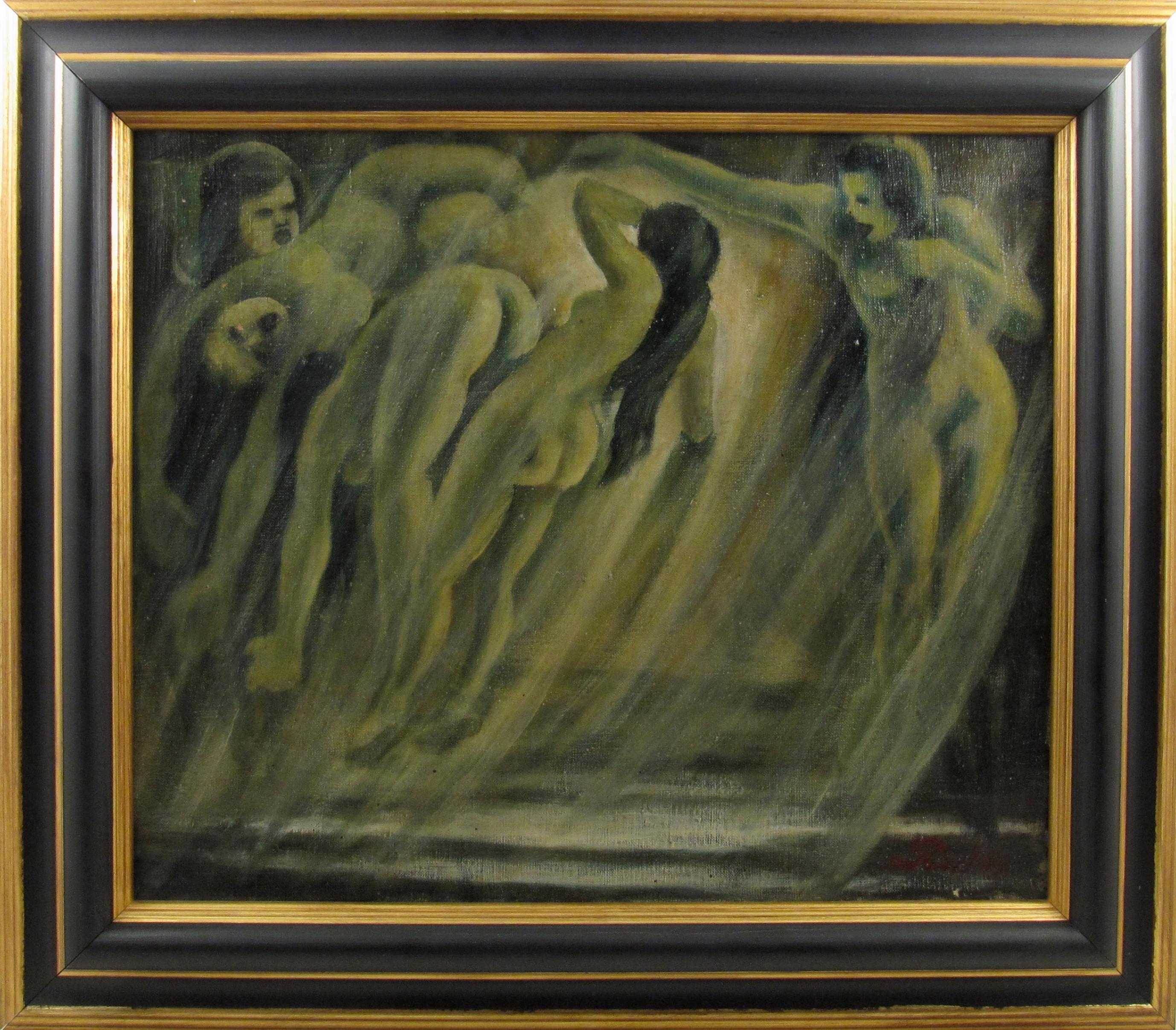 Unknown Nude Painting - Witches Sabbath Sign. RORTAS Magical Surreal Erotic Nude Scene Oil Painting 1925