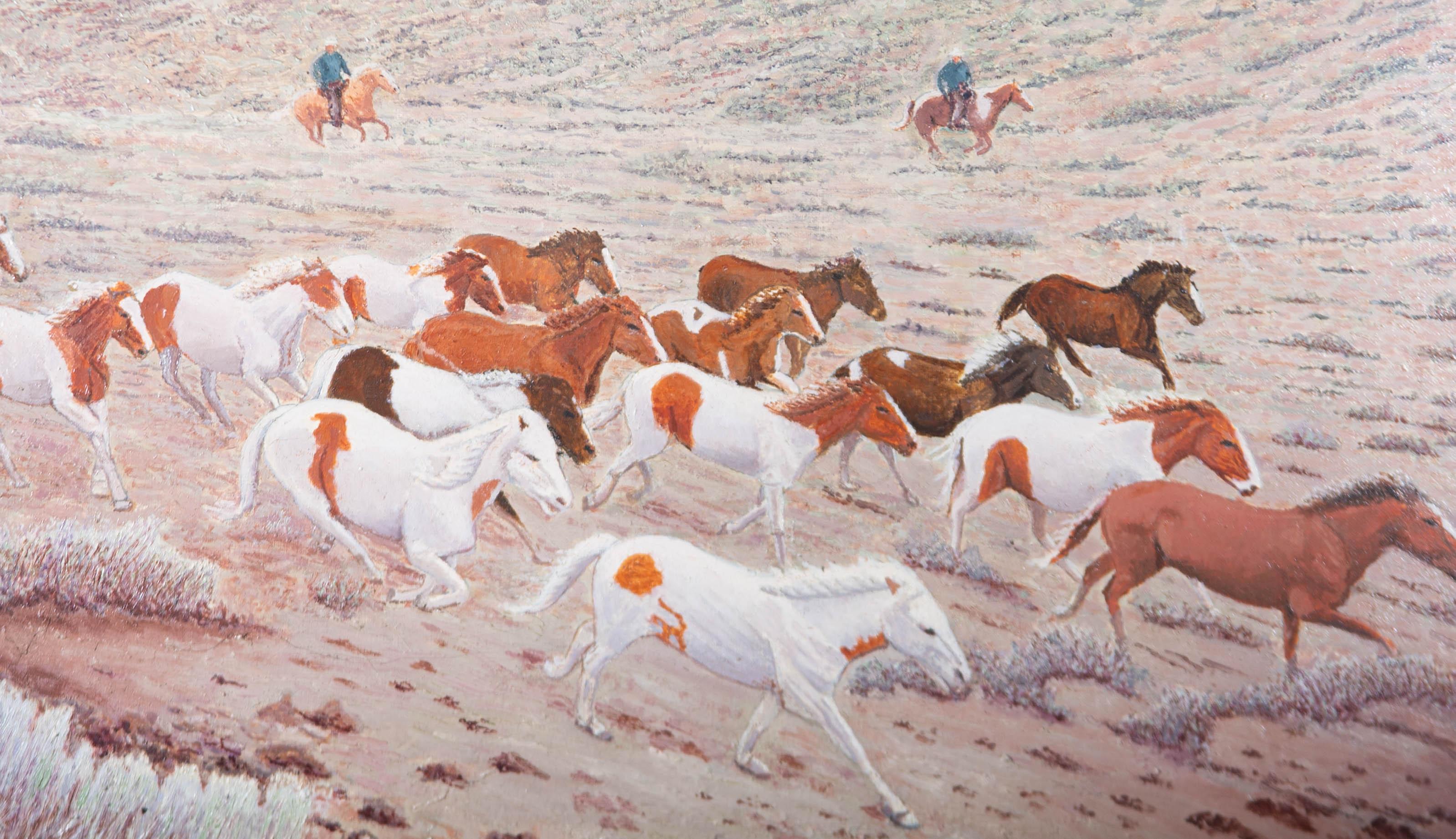 W.M. - 20th Century Oil, Herd of Wild Horses - Painting by Unknown