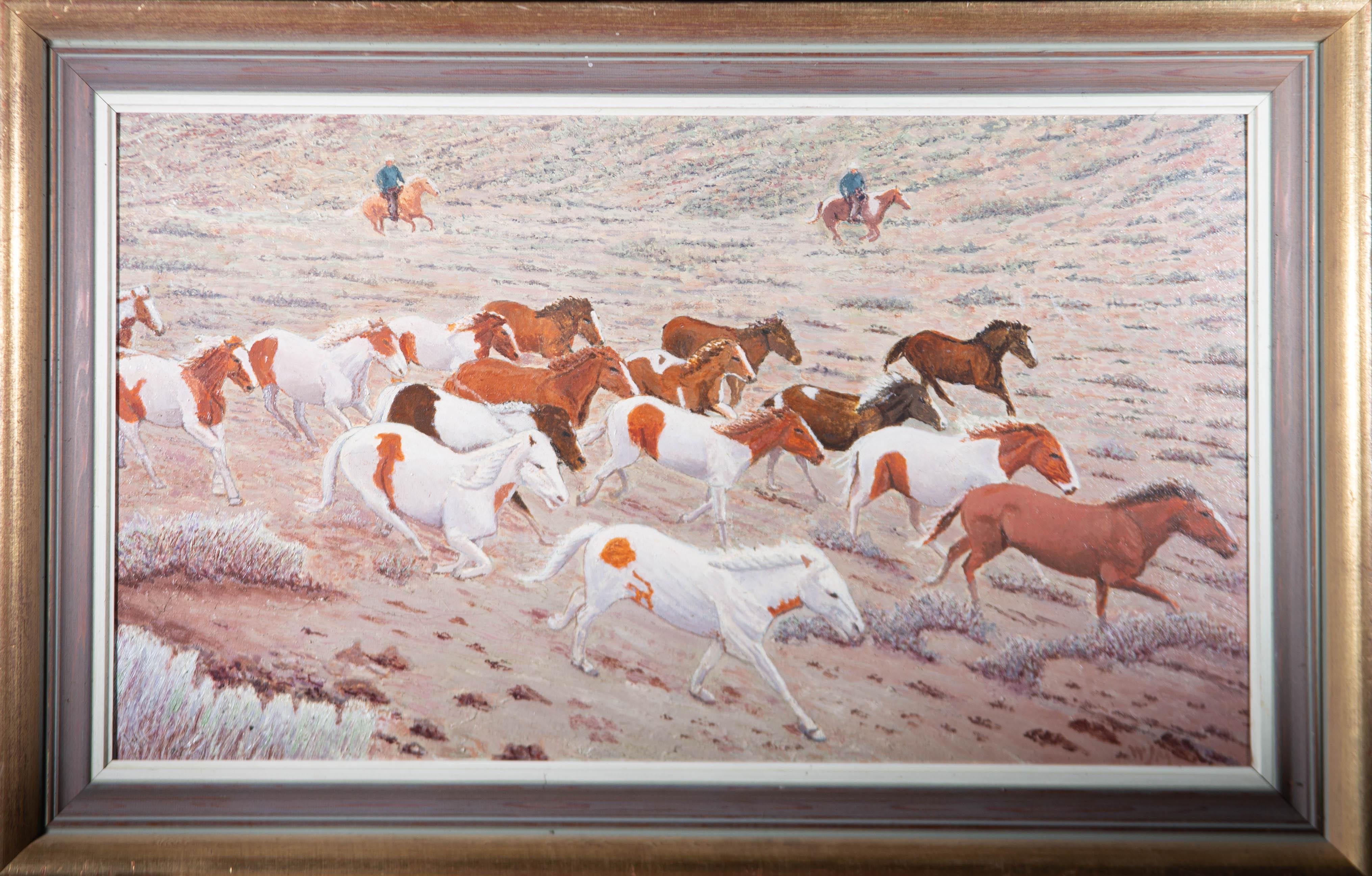 Unknown Landscape Painting - W.M. - 20th Century Oil, Herd of Wild Horses