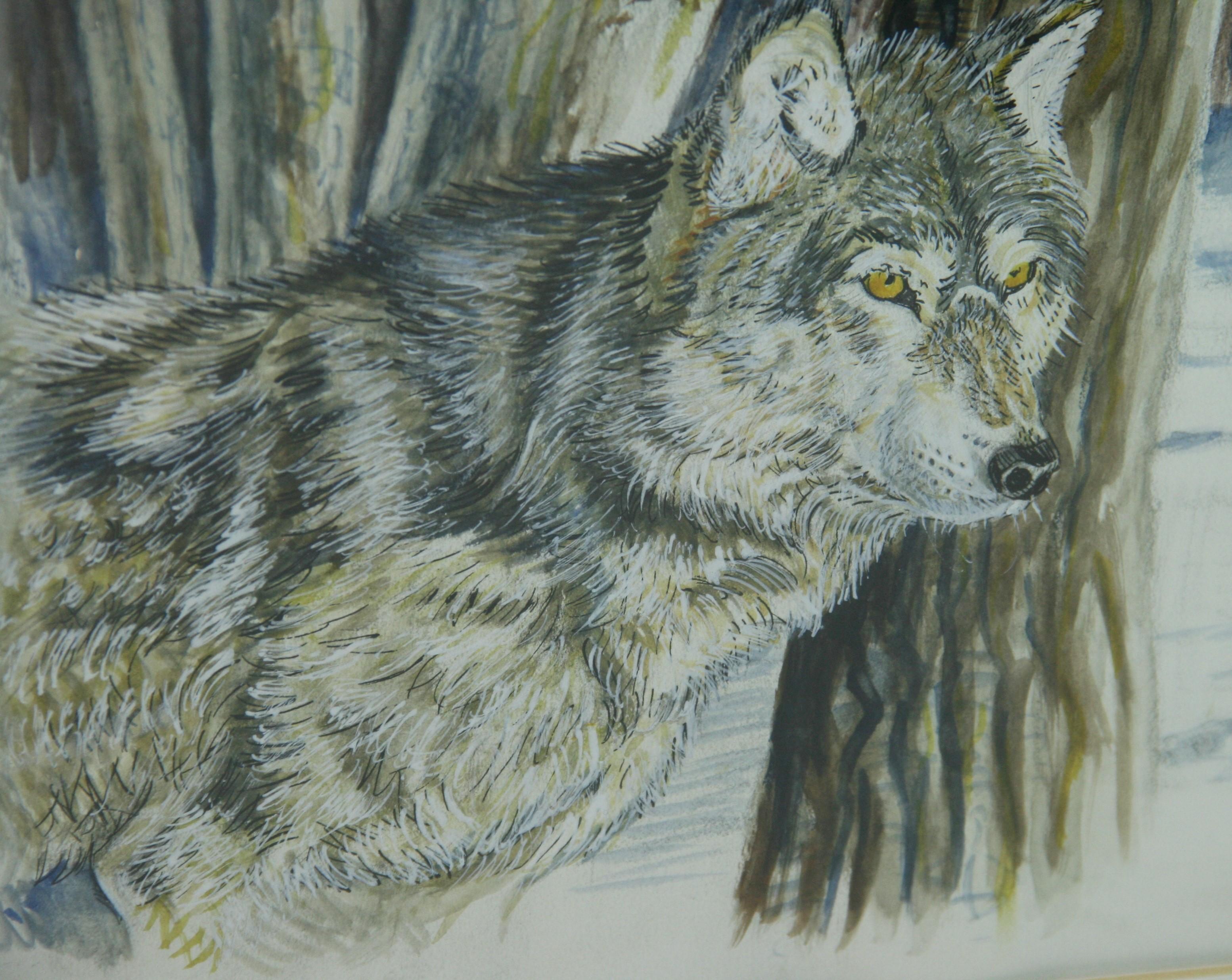 Wolf in the Wild Watercolor and India Ink Painting, Framed, 1980s