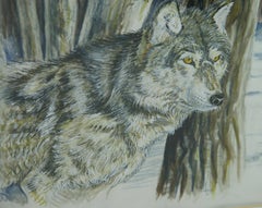 Wolf in der Wildnis Aquarell und Tuschemalerei, gerahmt, 1980er Jahre