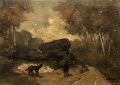 Antique Wolves On A Path, Oil On Panel Signed J. Annedouche