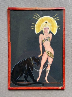 Woman And Her Panther, Art Deco Gouache, Monogram To Identify
