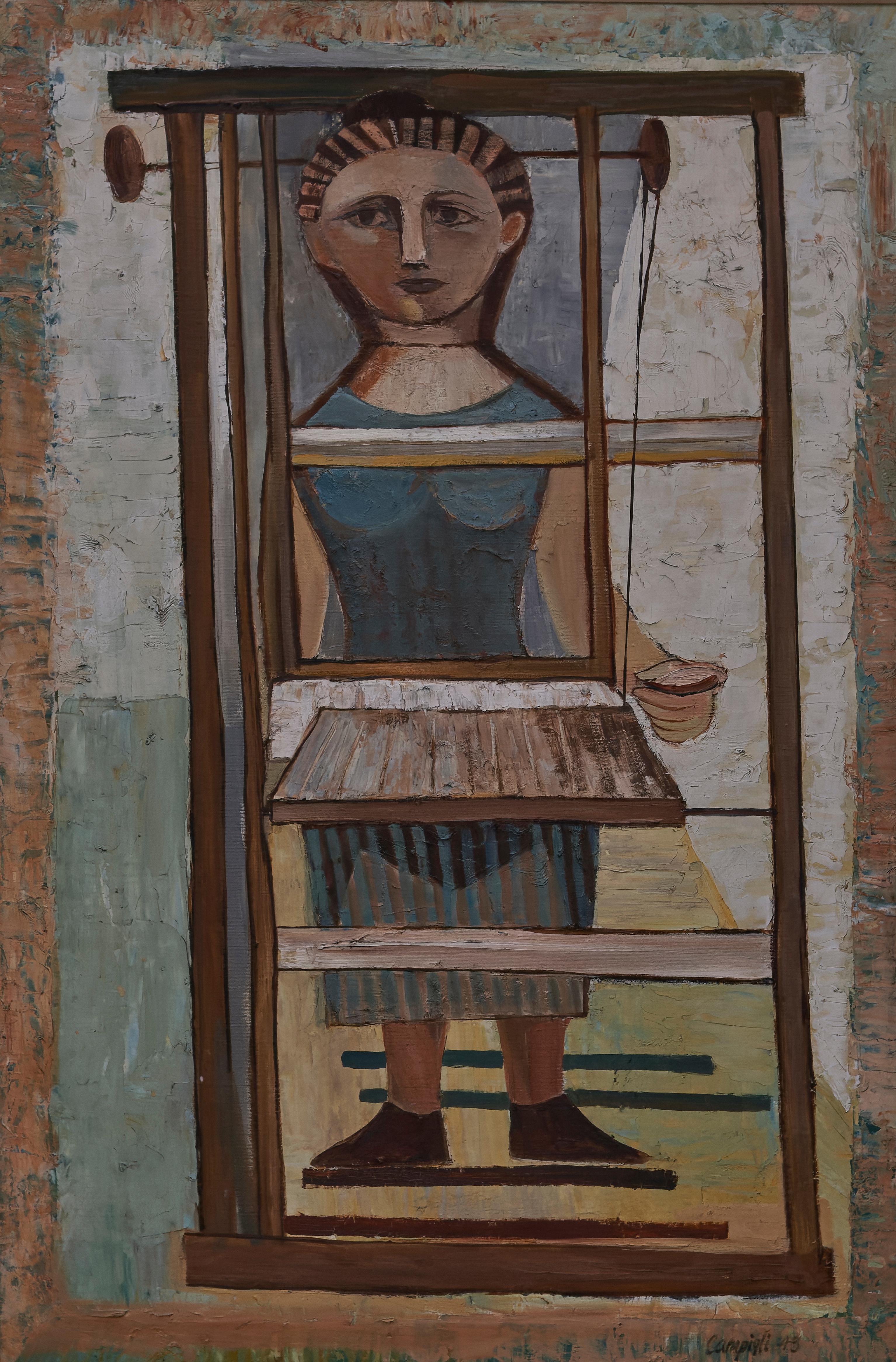 Woman at a Loom Oil Painting, Signed Campigli, 1943 - Black Figurative Painting by Unknown