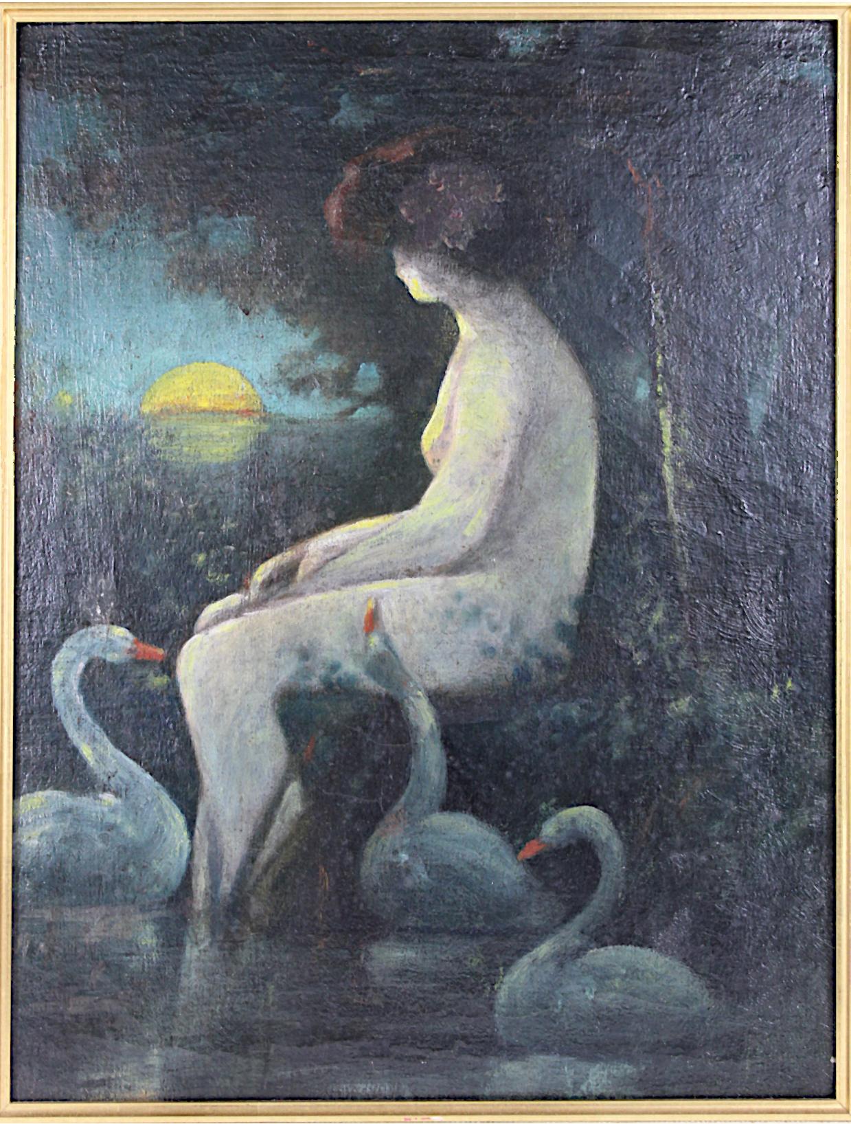 Woman Bathing at Moonlight, Original Oil on Canvas, French Romantic School - Painting by Unknown