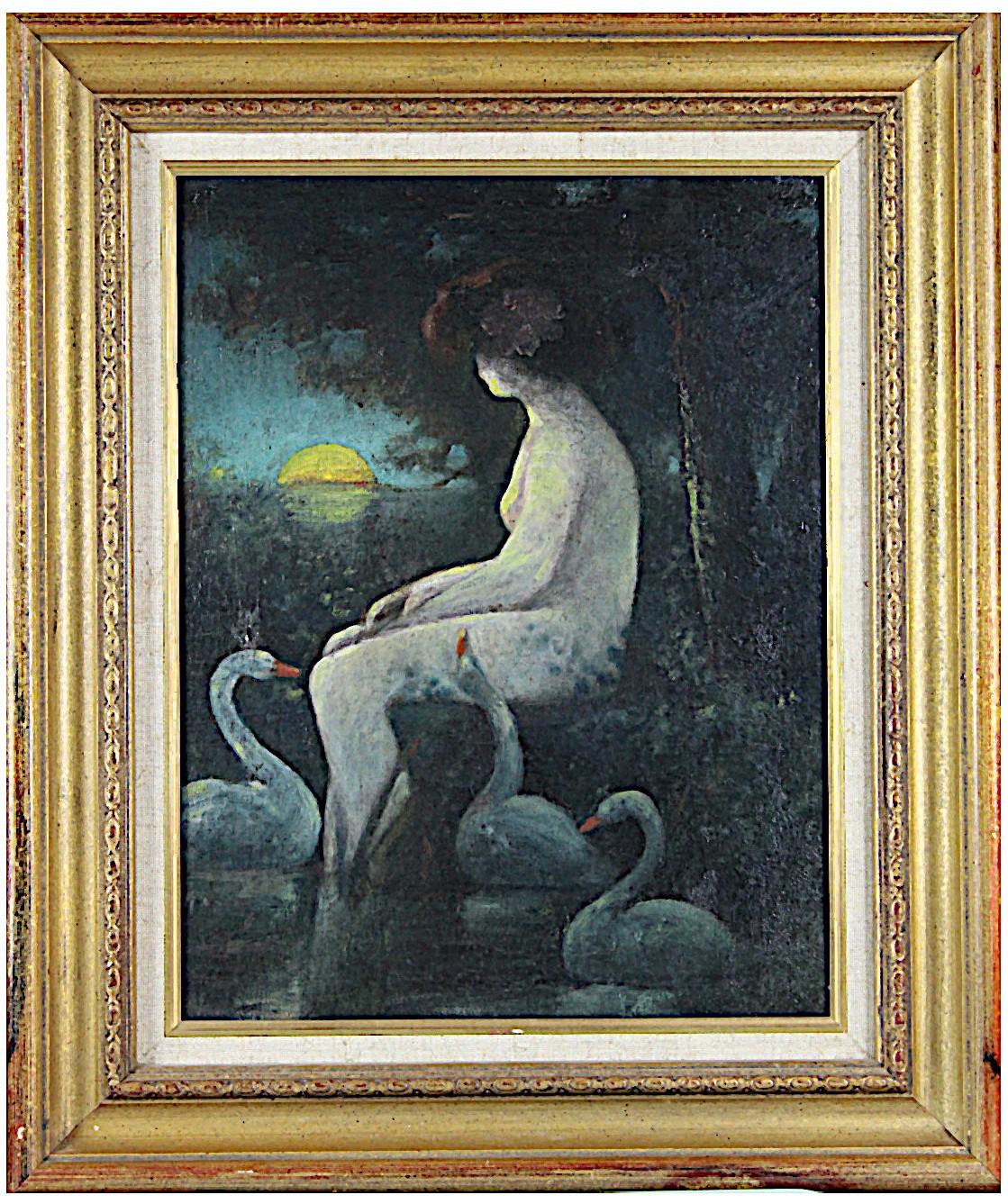 Unknown Nude Painting - Woman Bathing at Moonlight, Original Oil on Canvas, French Romantic School