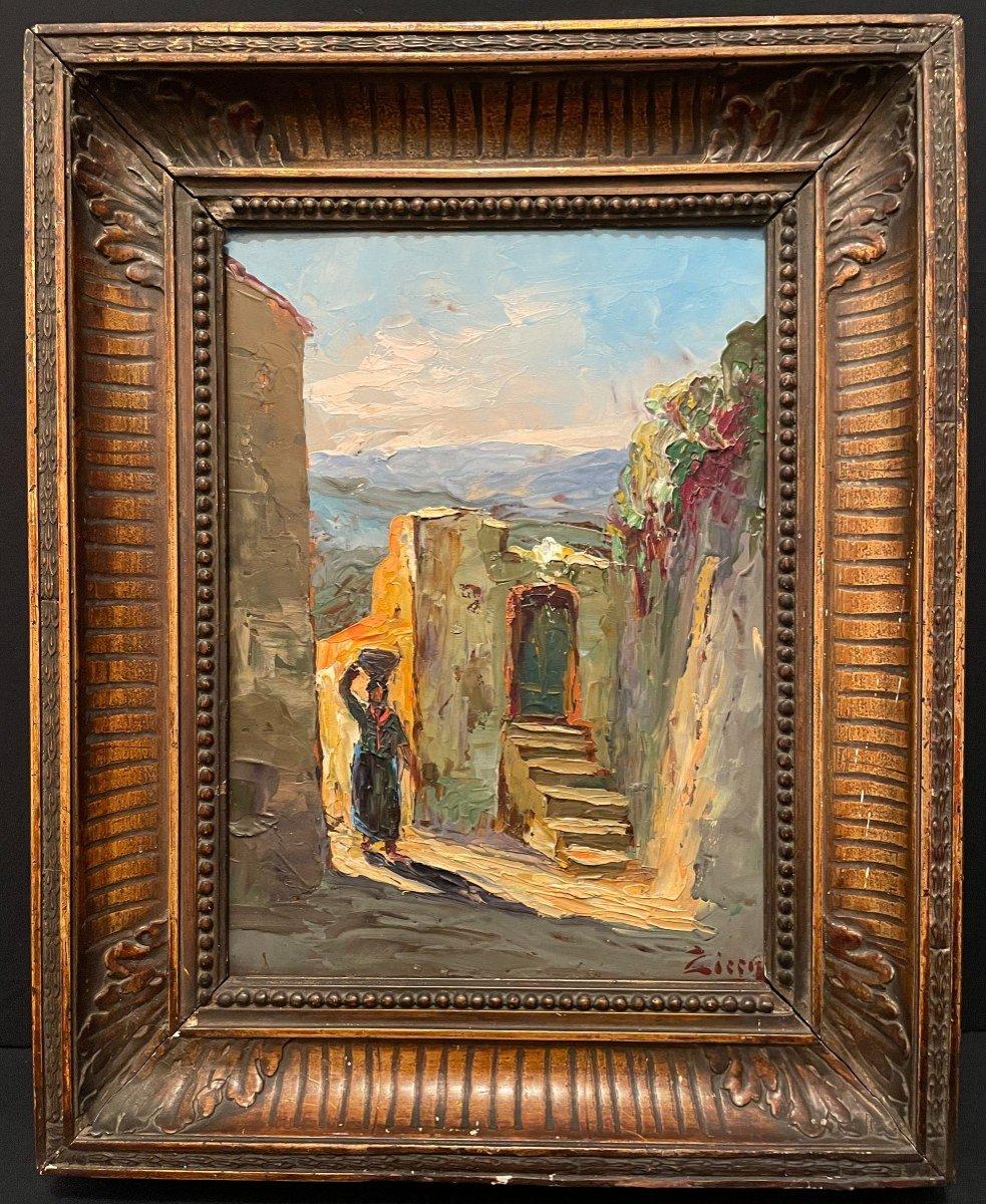 Mujer cargando agua, Pintura orientalista original, Artista francés - Painting de Unknown