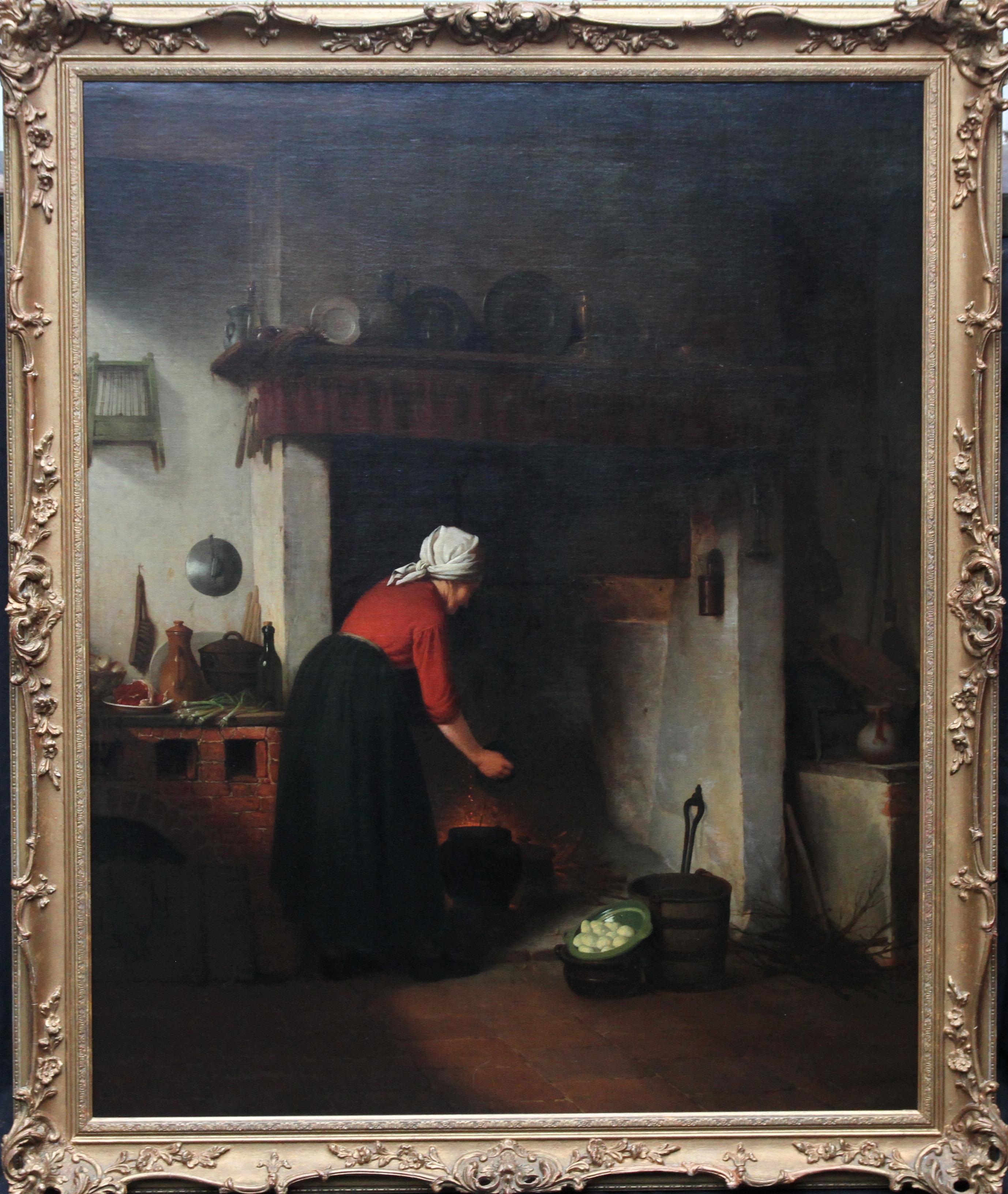 Woman Cooking in a Cottage Interior - Dutch Victorian genre art oil painting 8