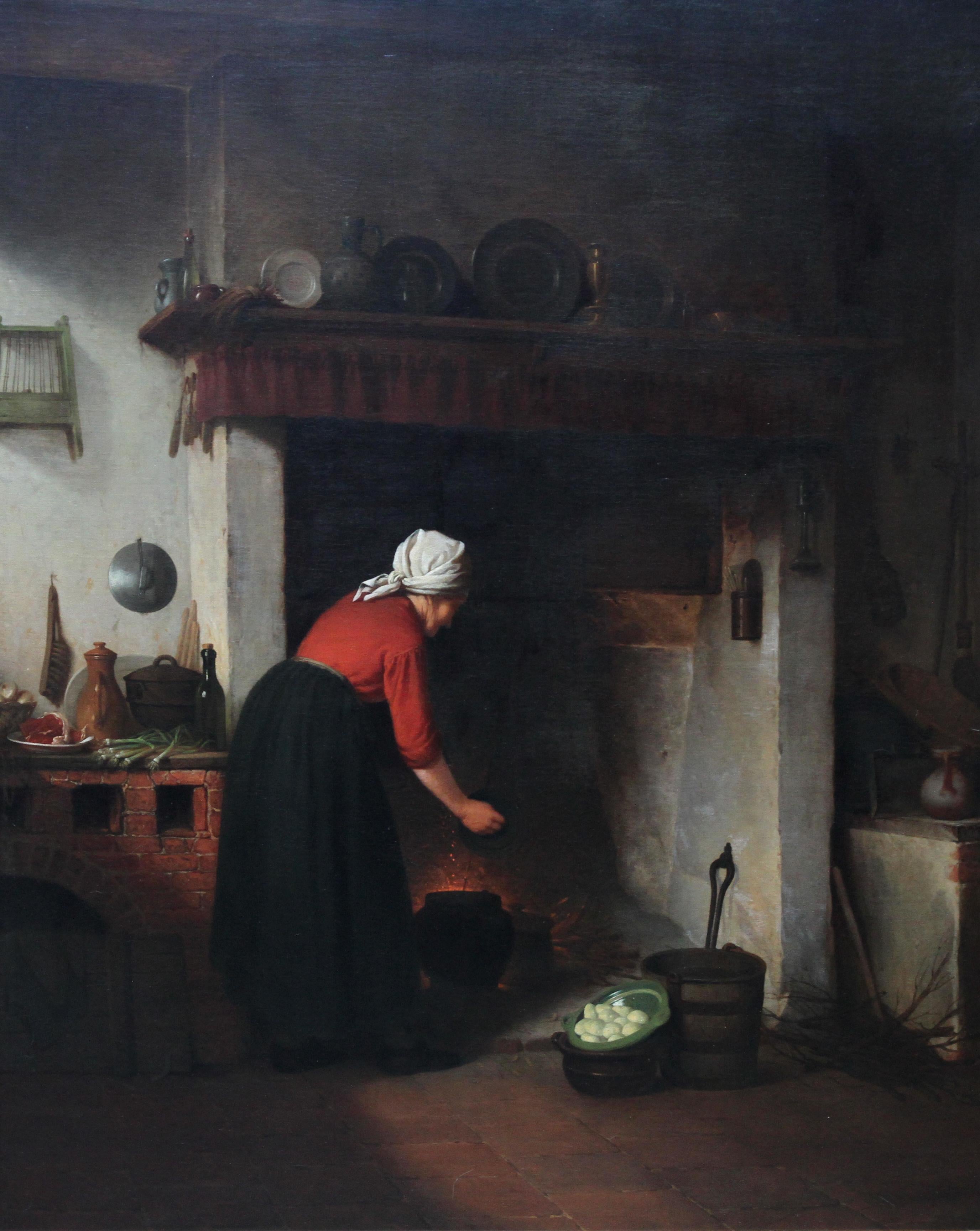 Woman Cooking in a Cottage Interior - Dutch Victorian genre art oil painting - Painting by Unknown