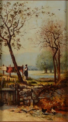 Woman Hanging Laundry by a Lakeside Cottage, Impressionist Rural Landscape