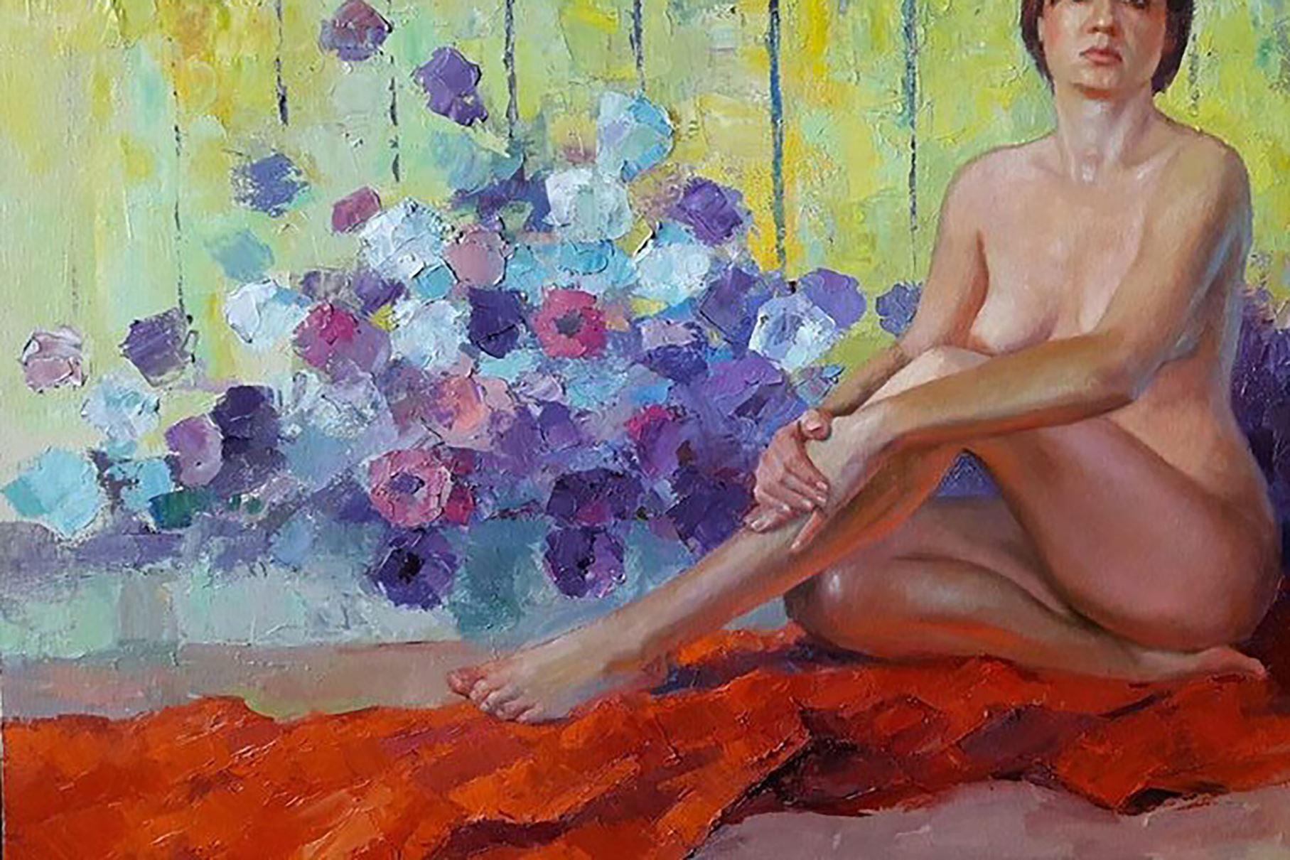Woman in petunia, figurative, Original oil Painting, Ready to Hang - Gray Nude Painting by Unknown