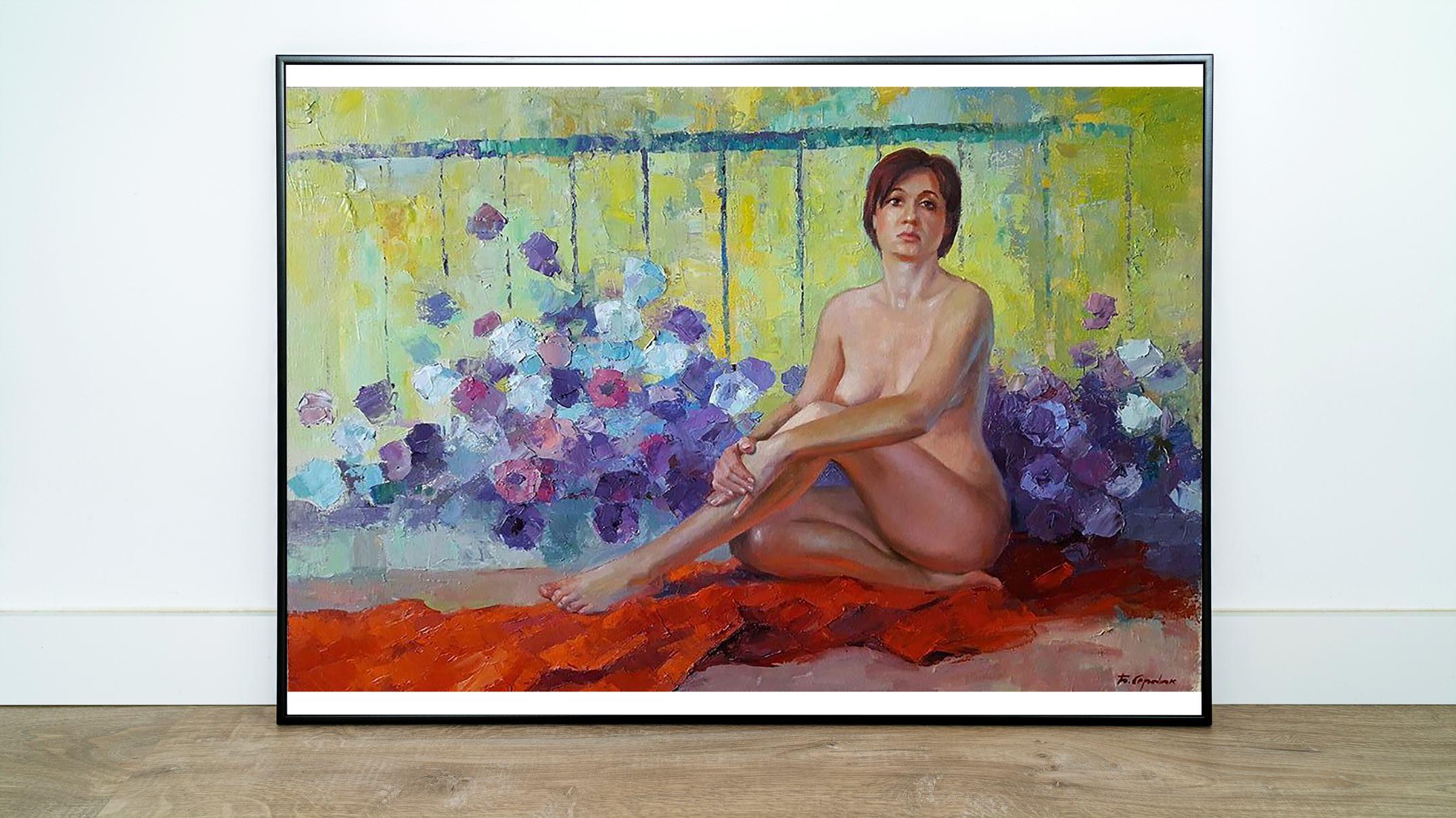 Artist: Boris Serdyuk 
Work: Original oil painting, handmade artwork, one of a kind 
Medium: Oil on Canvas
Style: Impressionism
Year: 2020
Title: Woman in petunia
Size: 23.5