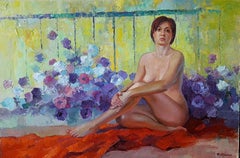Woman in Petunia, figurative, peinture à l'huile originale, prête à être accrochée