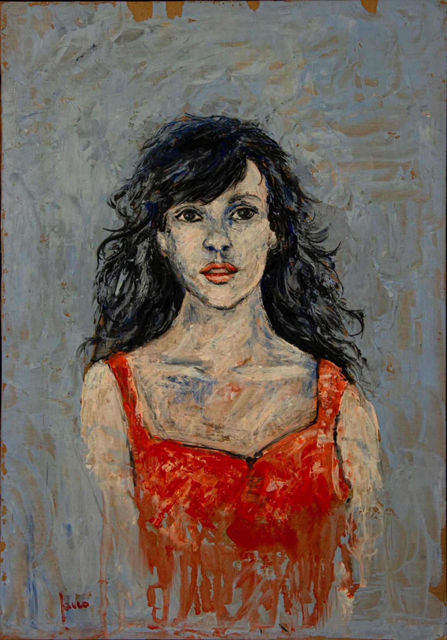 Unknown Figurative Painting - Woman in Red - Oil Painting - Late 20th Century