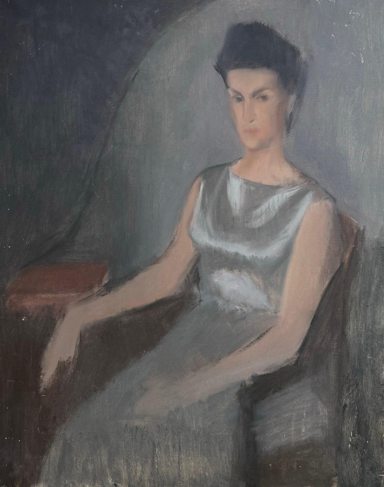 Step into a world of vintage allure with our exquisite figurative painting featuring a captivating woman adorned in a shimmering silver dress, gracefully seated in a chair with her elegant black hair styled in an updo. This timeless masterpiece