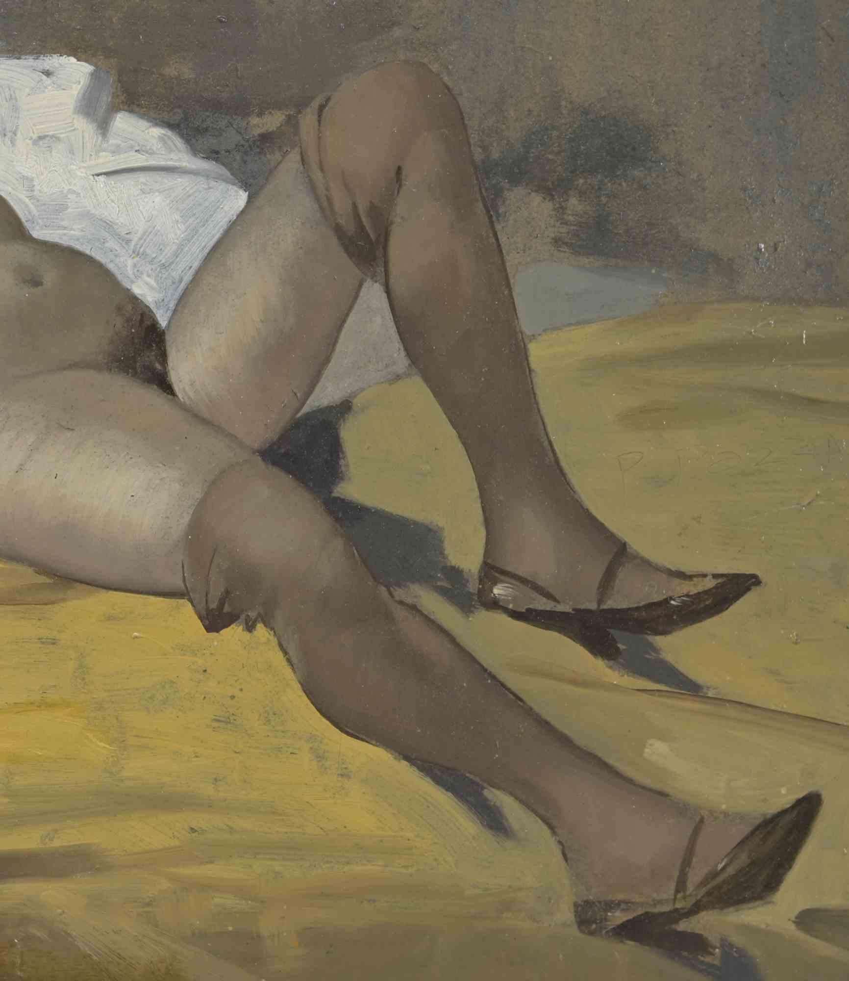 Woman Lying Down on White Cloth - Oil Painting - Mid-20th Century For Sale 1