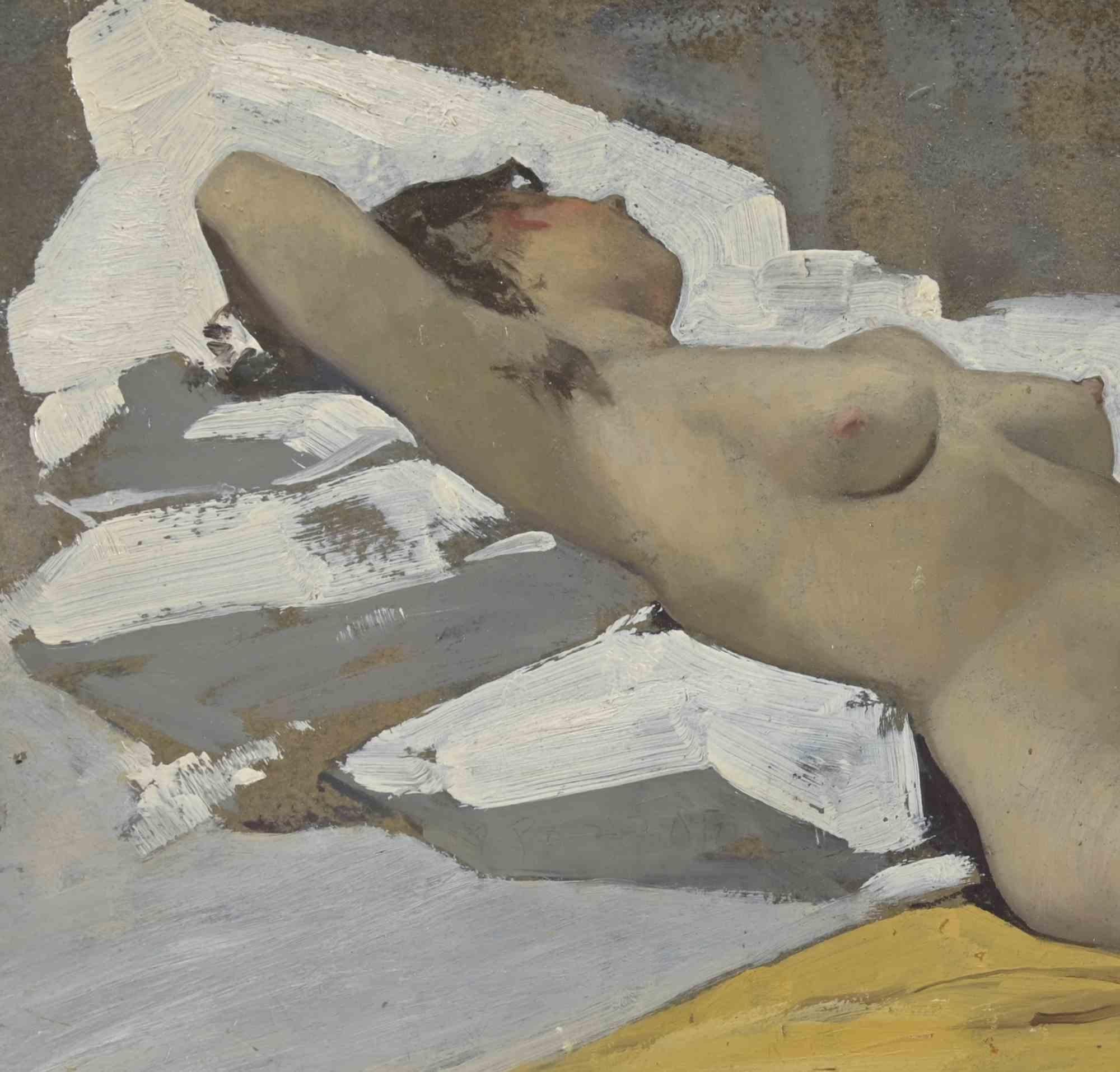 Woman Lying Down on White Cloth - Oil Painting - Mid-20th Century For Sale 2