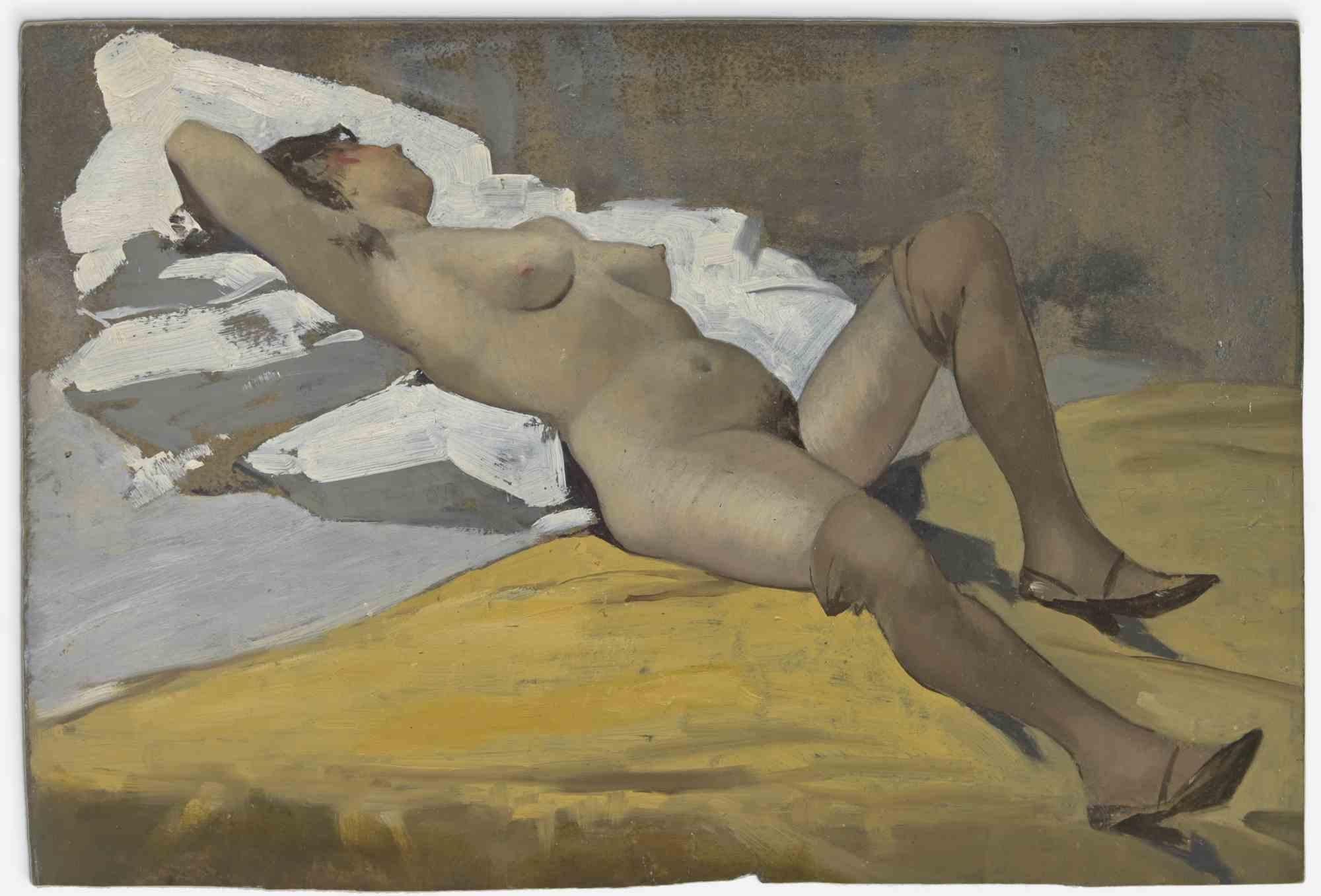 Femme couchée sur un tissu blanc - Peinture à l'huile du milieu du 20e siècle