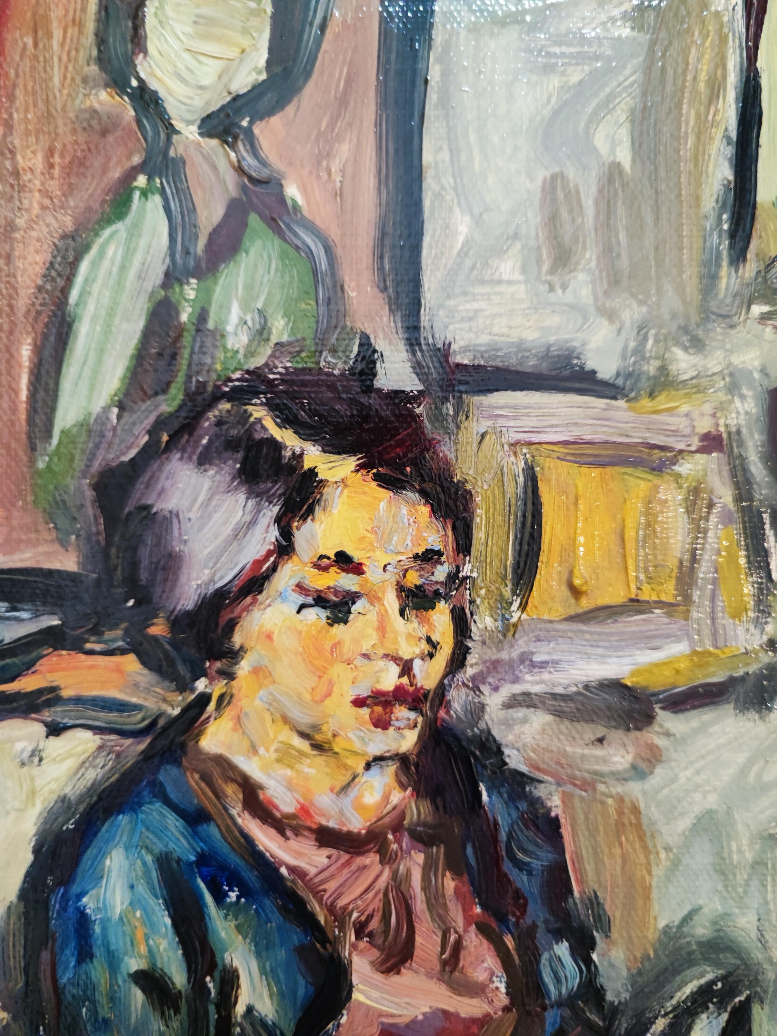 Donna che legge - Figurative Painting Grigio di Unknown