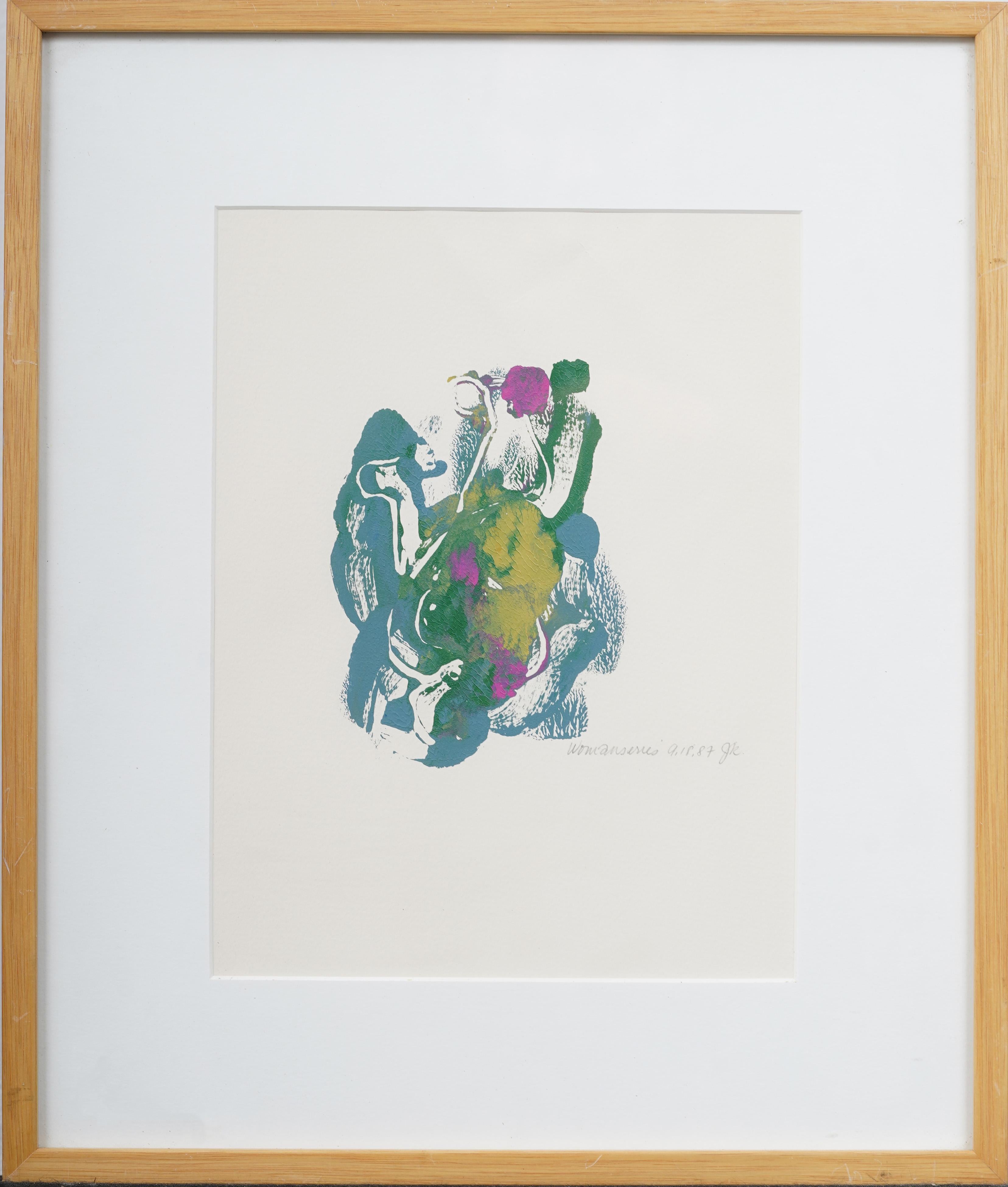 Vintage American abstract painting. Oil on paper. Signed. Framed.  Measuring: 18 by 15 inches overall and 11 by 9 inches image alone.   Excellent condition, ready to hang and enjoy. 