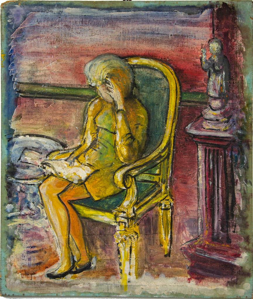 Unknown Figurative Painting - Woman Thinking - Mixed Media Painting - Mid-20th Century