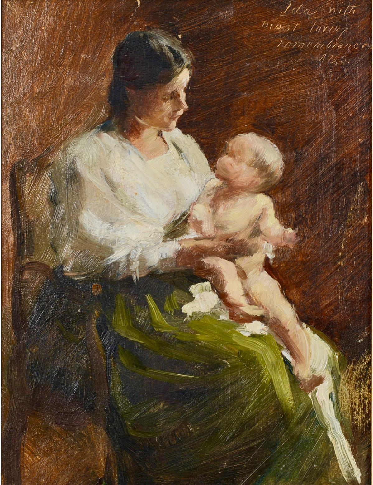 Mother with Baby - Portrait Study, 19th Century Oil on Panel - Painting by Unknown