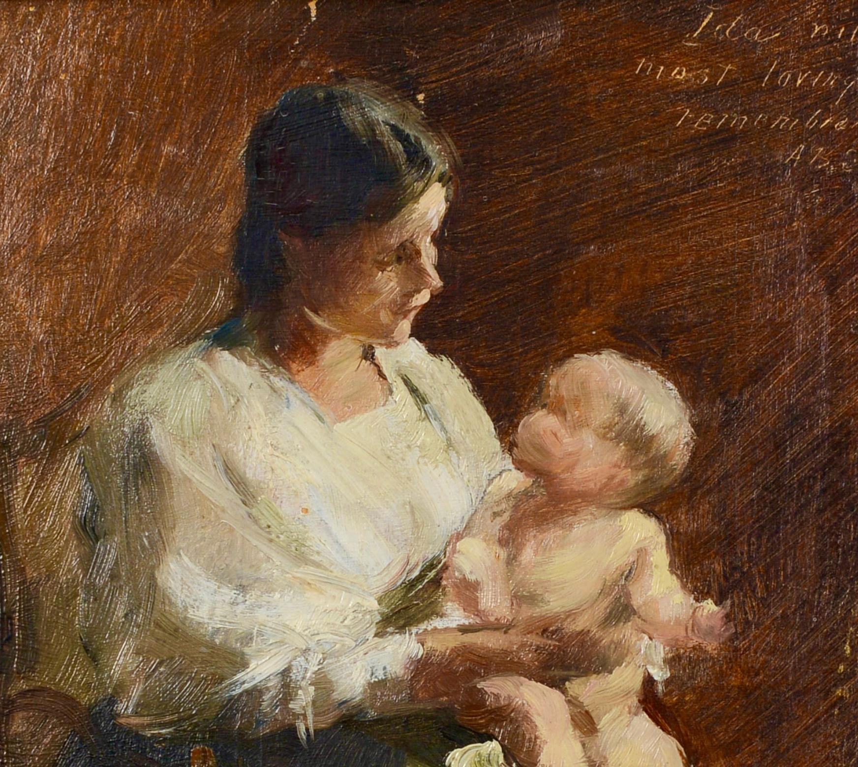 Mother with Baby - Portrait Study, 19th Century Oil on Panel - Other Art Style Painting by Unknown