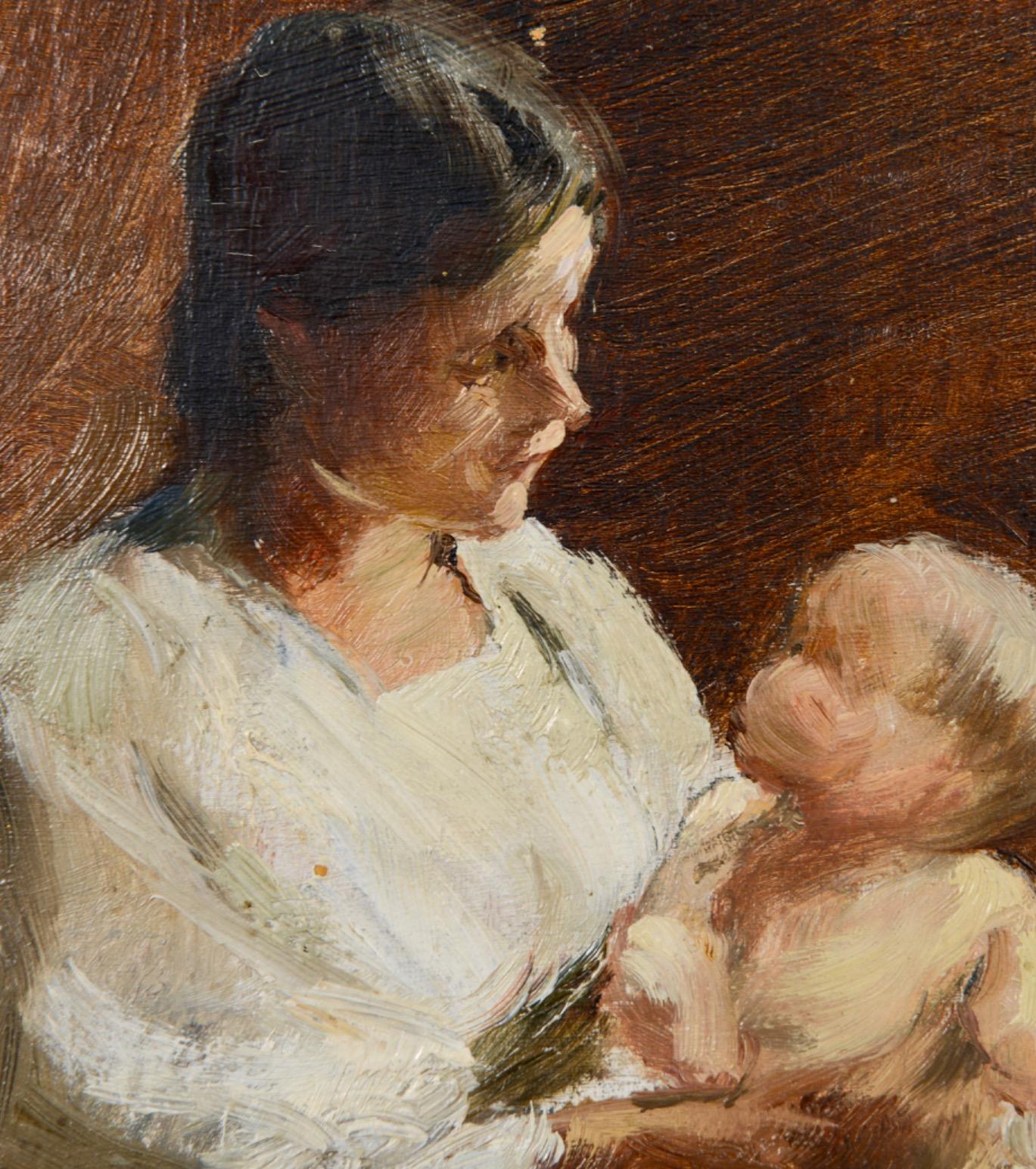 Mother with Baby - Portrait Study, 19th Century Oil on Panel - Brown Portrait Painting by Unknown