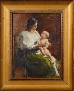 Mother with Baby - Portrait Study, 19th Century Oil on Panel