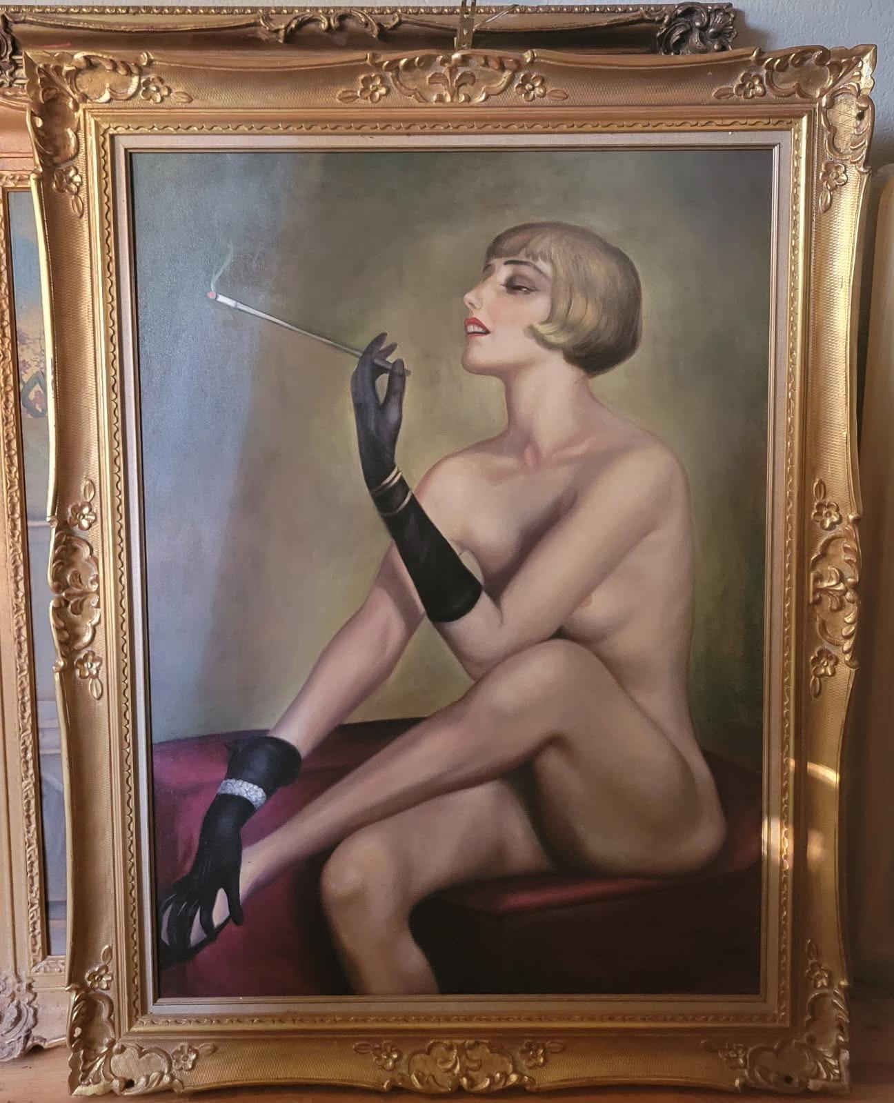 Femme avec cigarette et bas noirs - Painting de Unknown
